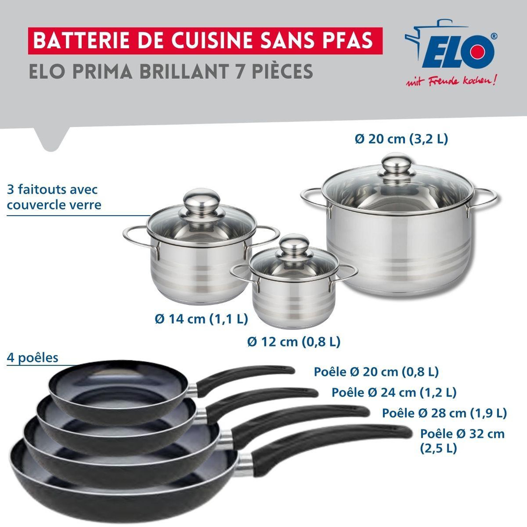 Voir la diapositive 2 : ELO Ensemble de 4 poêles de cuisson 20, 24, 28 et 32 cm et 3 faitouts 12, 14 et 20 cm elo prima brillant