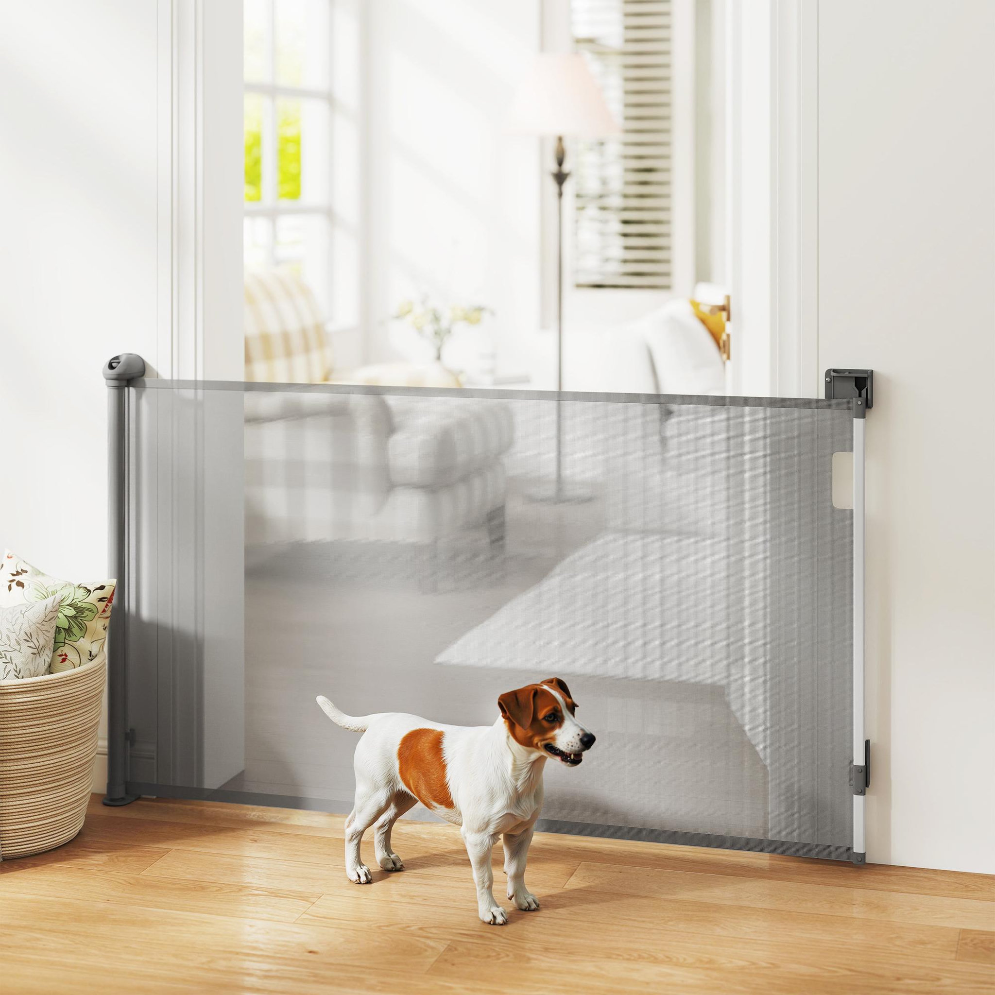 Voir la diapositive 2 : PAWHUT Barrière de sécurité chien rétractable 0-144 cm h.87 cm verrouillage auto alu pvc gris