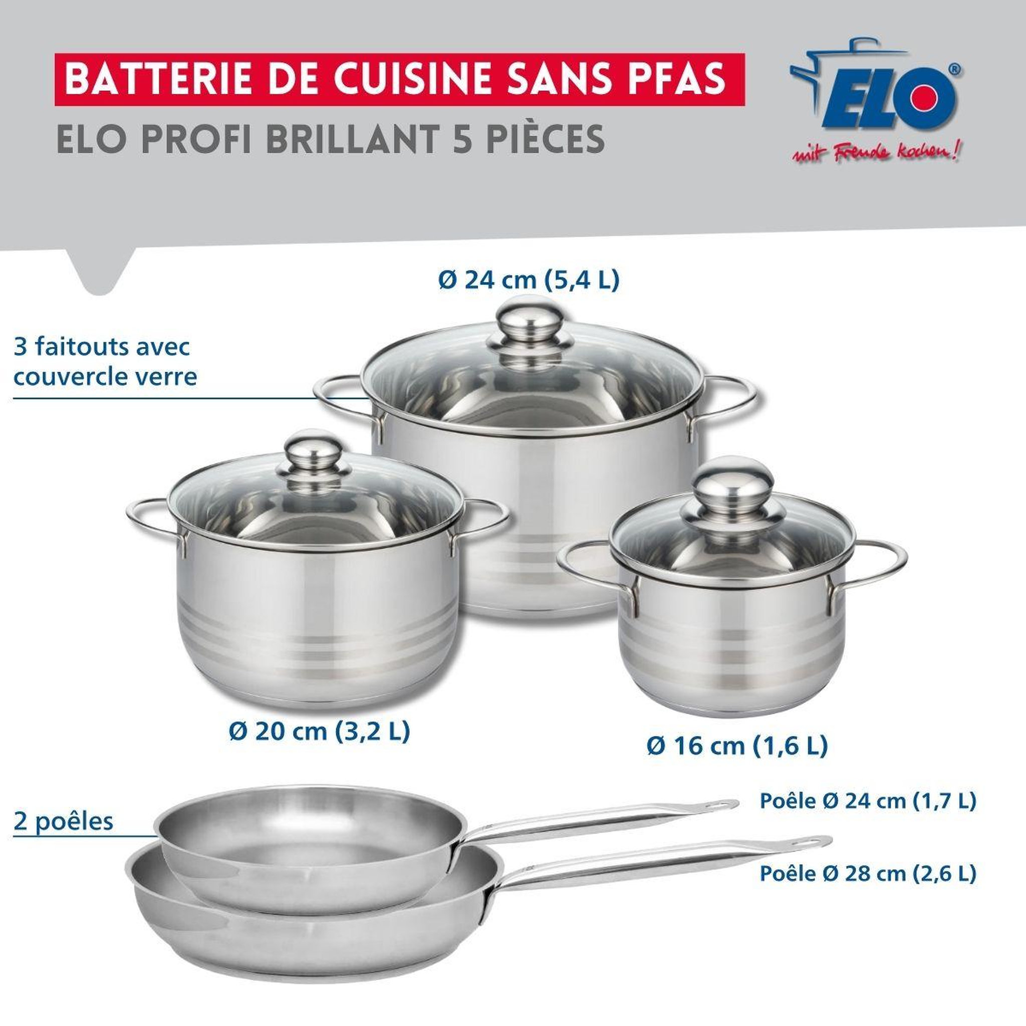 Voir la diapositive 2 : ELO Ensemble de 2 poêles de cuisson 24 et 28 cm et 3 faitouts 16, 20 et 24 cm elo profi brillant