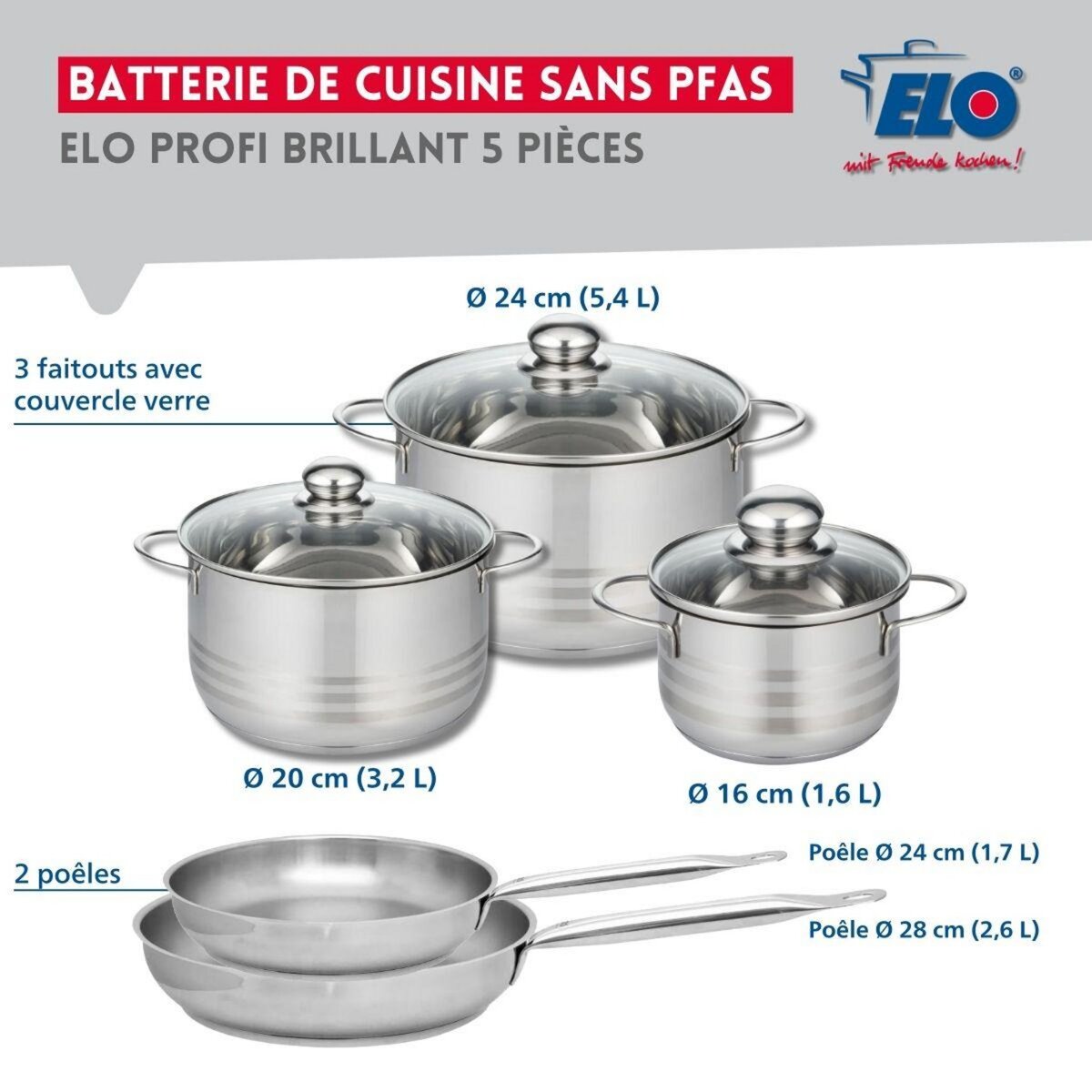 ELO Ensemble de 2 Poêles de cuisson 24 et 28 cm et 3 faitouts 16, 20 et 24 cm Elo Profi Brillant