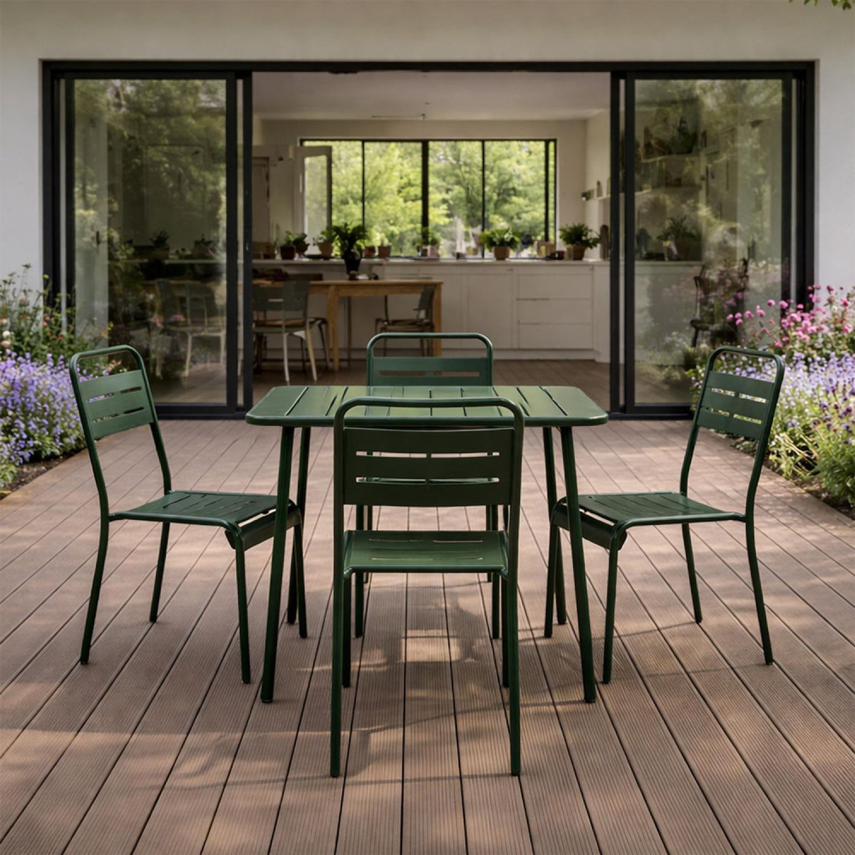 CONCEPT USINE Ensemble table de jardin carrée 70cm et 4 chaises vert BERGAME