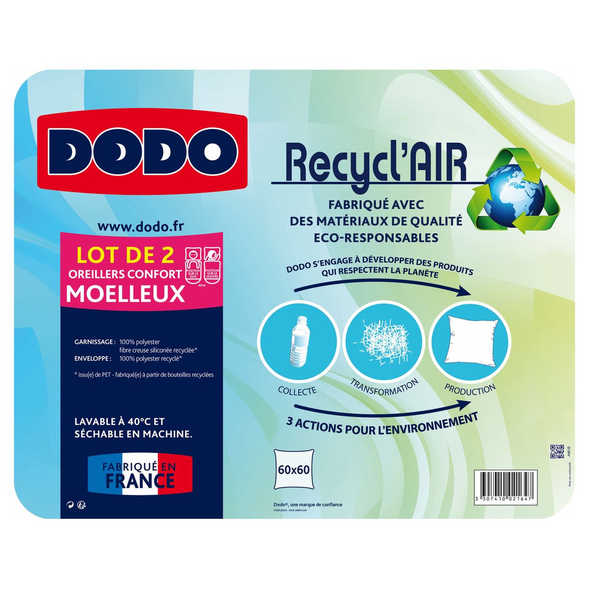 Voir la diapositive 2 : DODO Lot de 2 oreillers confort moelleux  RECYCL'AIR