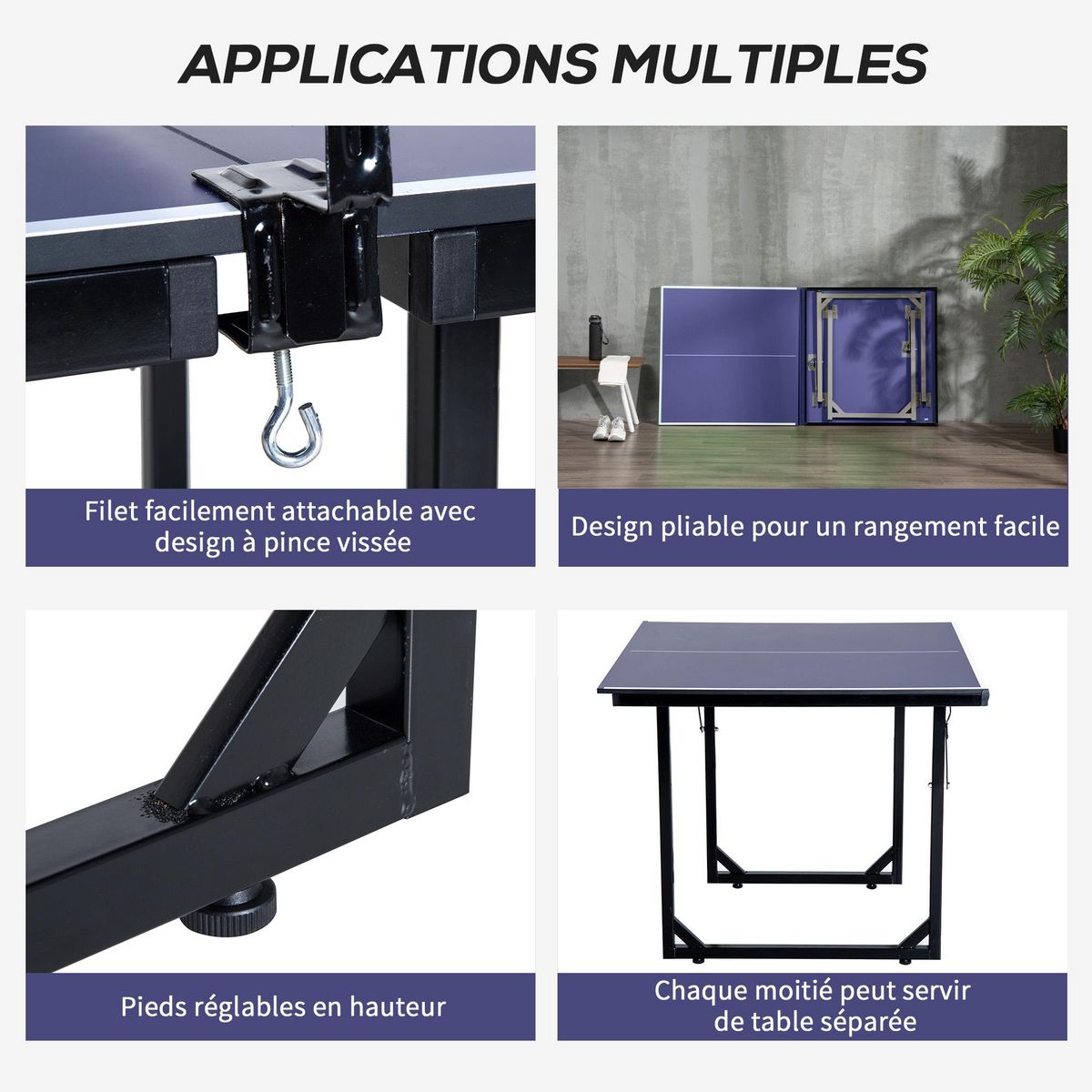 HOMCOM Table de ping-pong tennis de table pliable compacte pieds de nivellement antidérapants acier noir MDF bleu