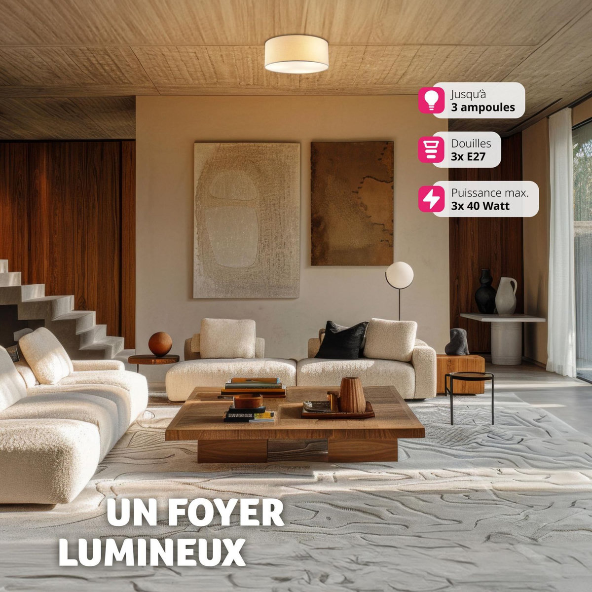 tectake Plafonnier structure en acier blanc