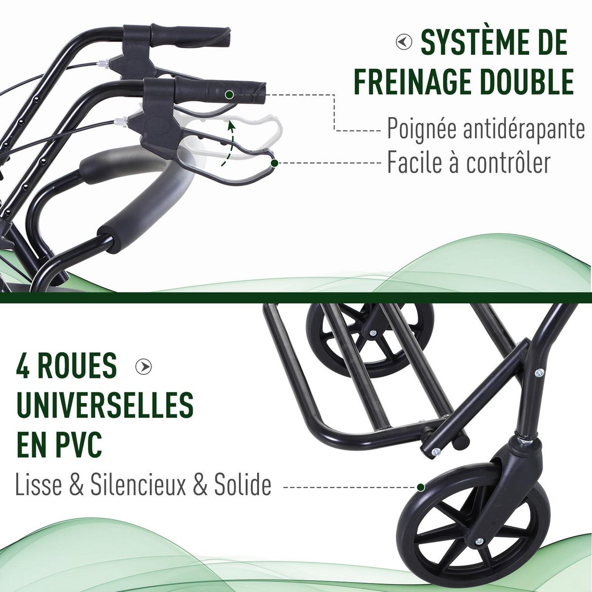 HOMCOM HOMCOM Déambulateur 4 roues - déambulateur pliable léger - assise + dossier rembourré  - poignées ergonomiques, freins à main - panier rangement - cale-pied - métal noir