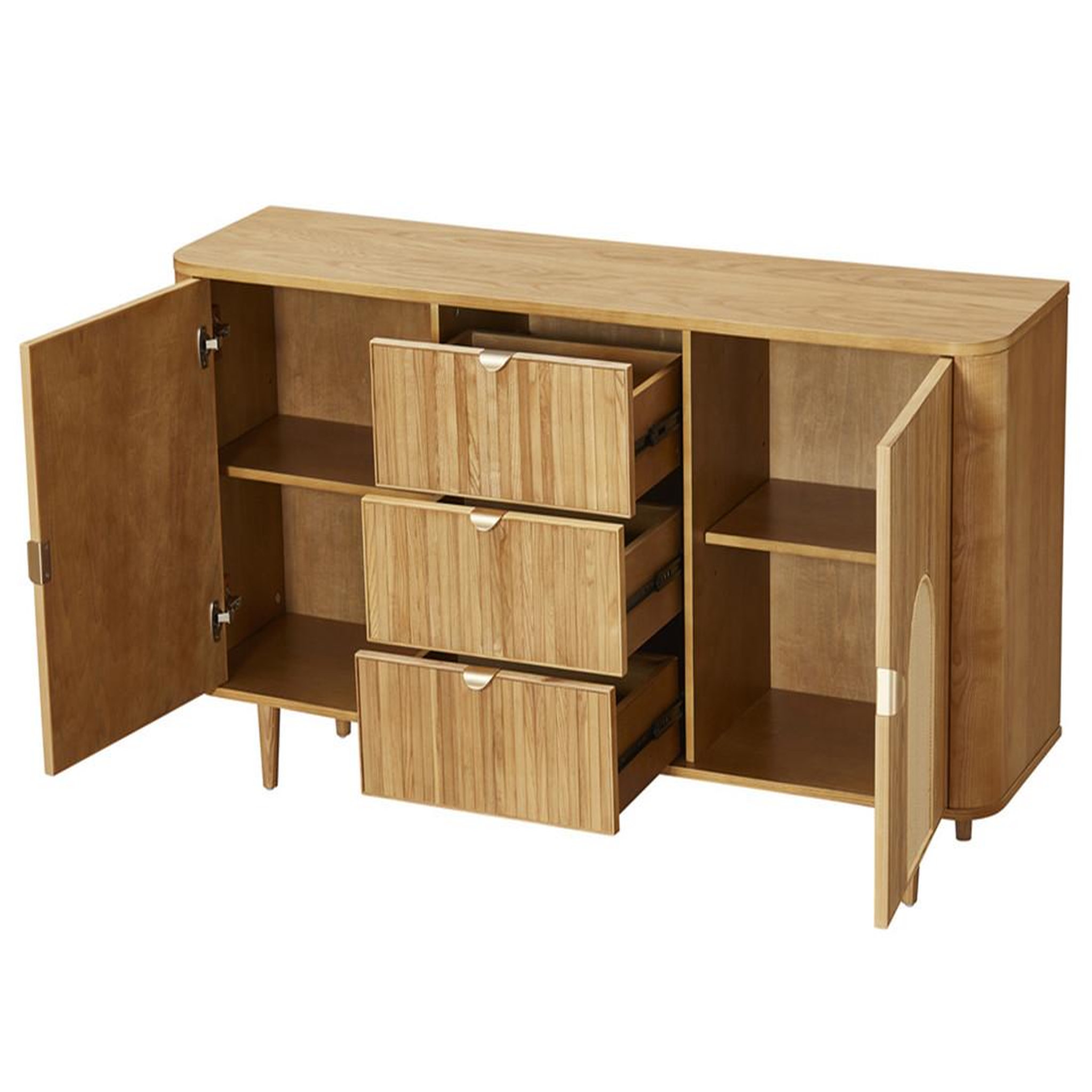 Voir la diapositive 5 : BEST MOBILIER Milazzo - buffet bas - bois plaqué chêne et cannage - 3 tiroirs et 2 portes - 160 cm