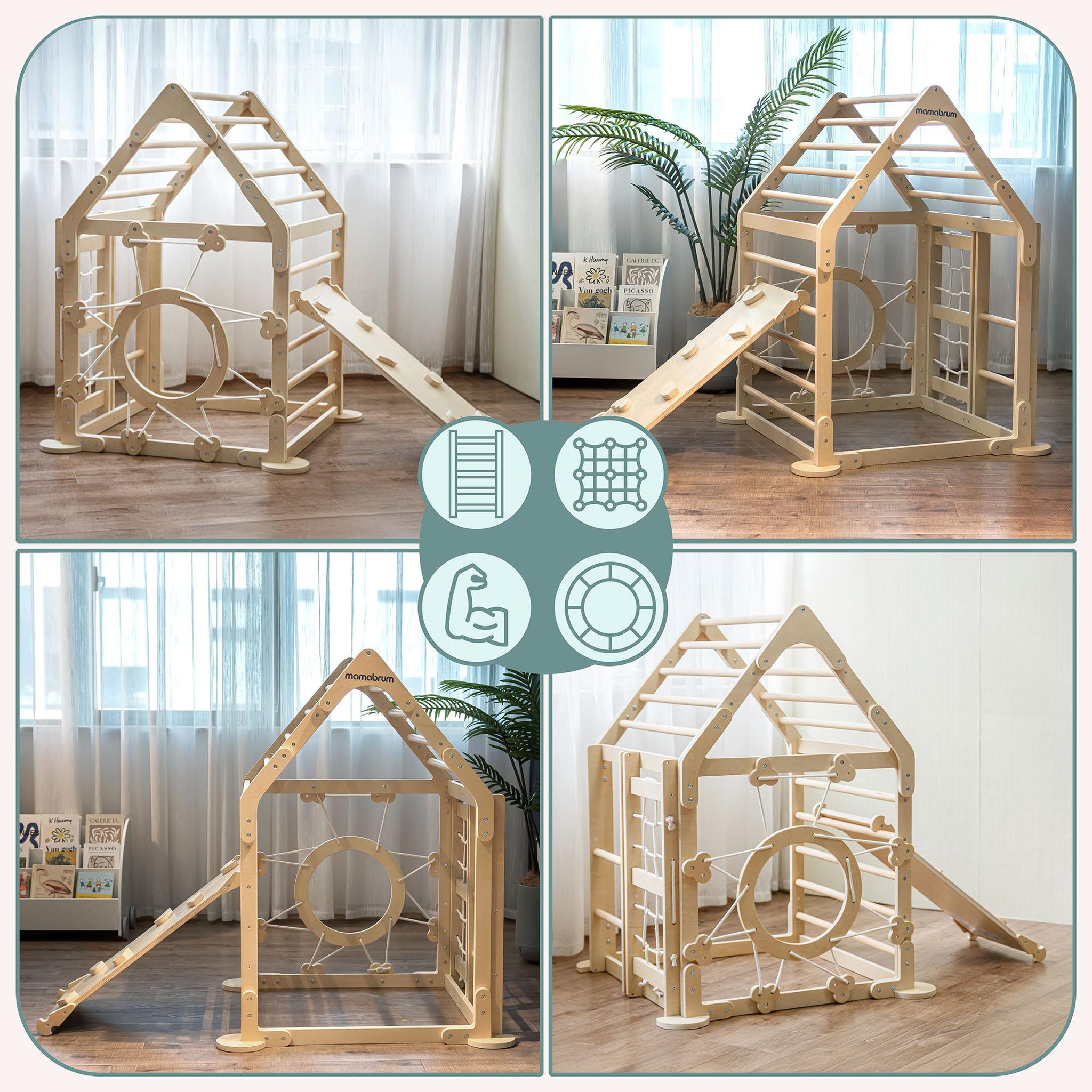 Voir la diapositive 6 : MAMABRUM Aire de Jeux Intérieure en Bois Mamabrum avec Mur d'Escalade, Échelles, Filet et Toboggan