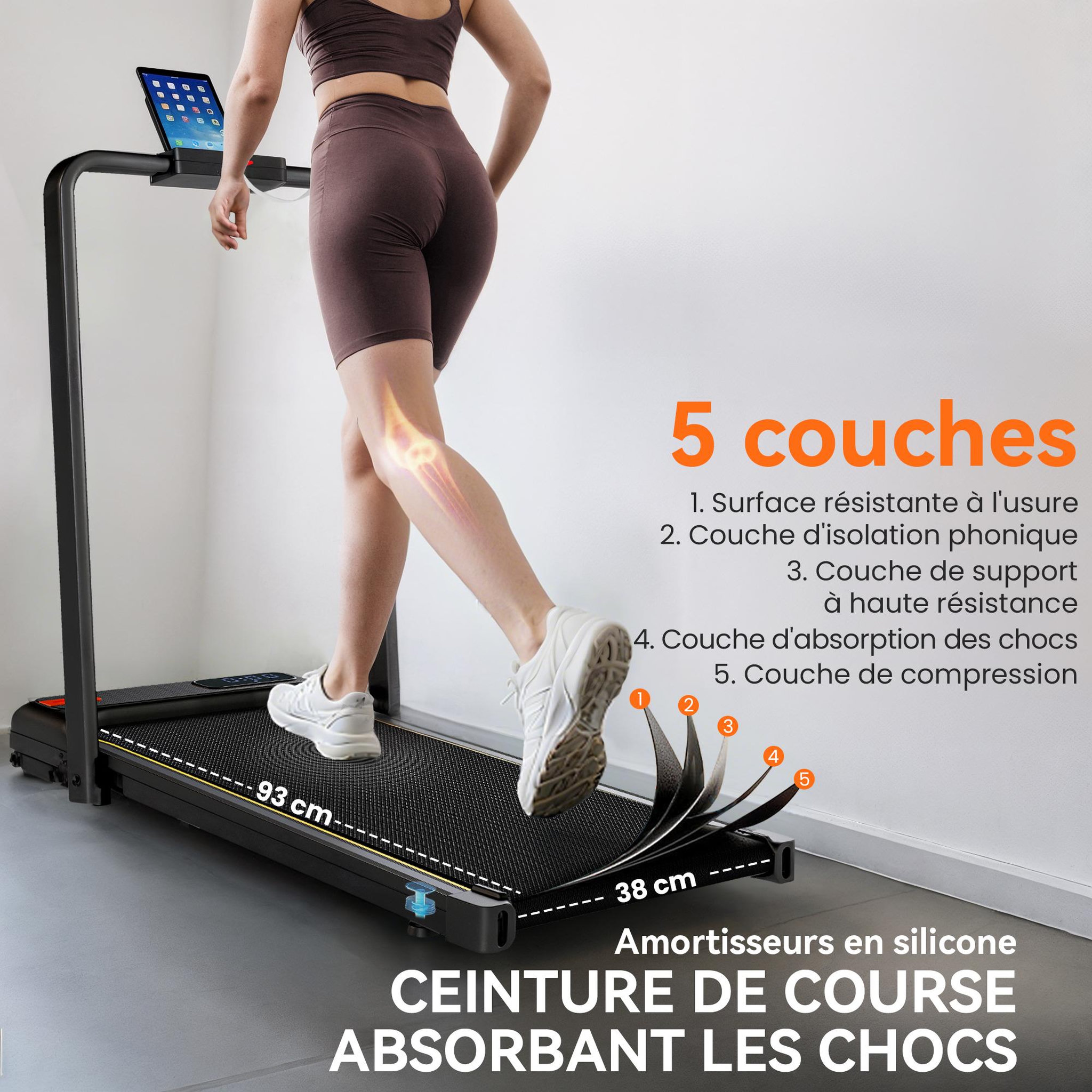 Voir la diapositive 5 : HOMCOM Tapis de marche pliable 1-6km/h inclinaison réglable 4% max. Télécommande affichage led clé sécurité