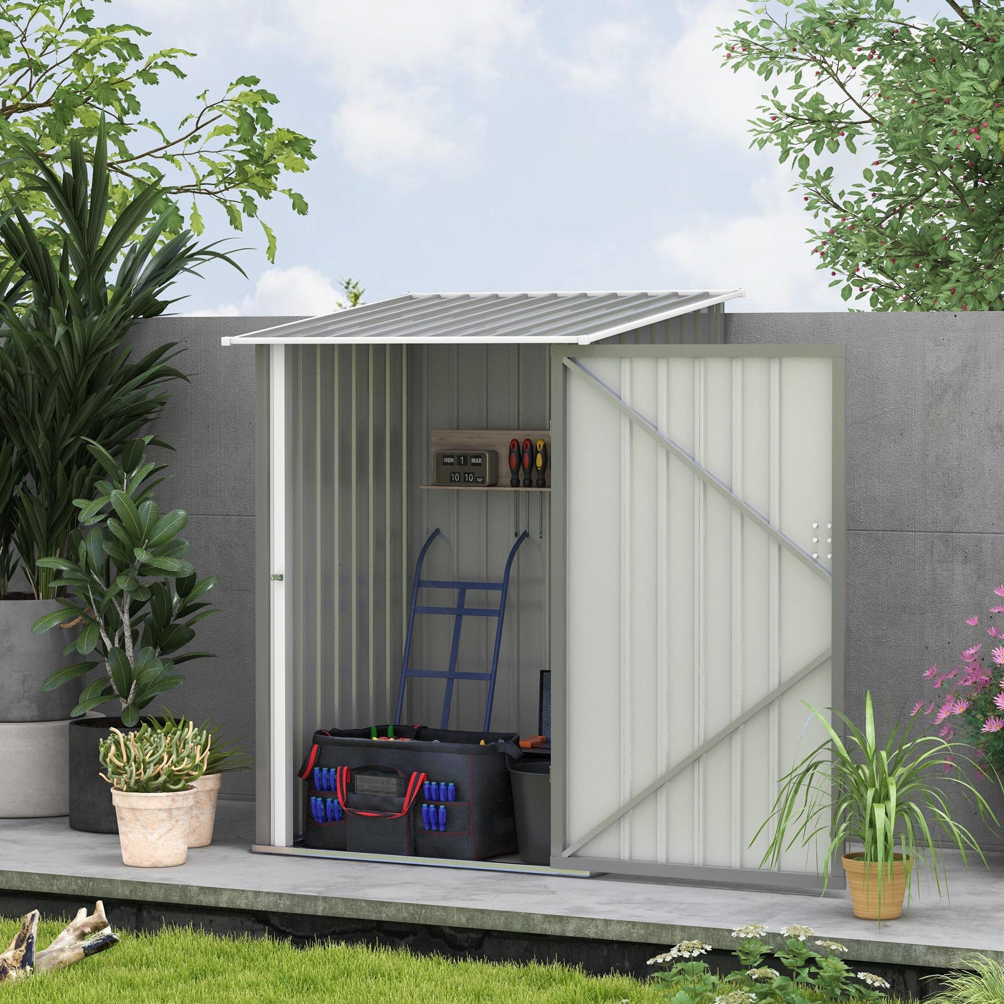 Voir la diapositive 2 : OUTSUNNY Abri de jardin - remise pour outils - cabanon porte verrouillable - dim. 1L x 1,03l x 1,6H m - tôle d'acier ondulée gris