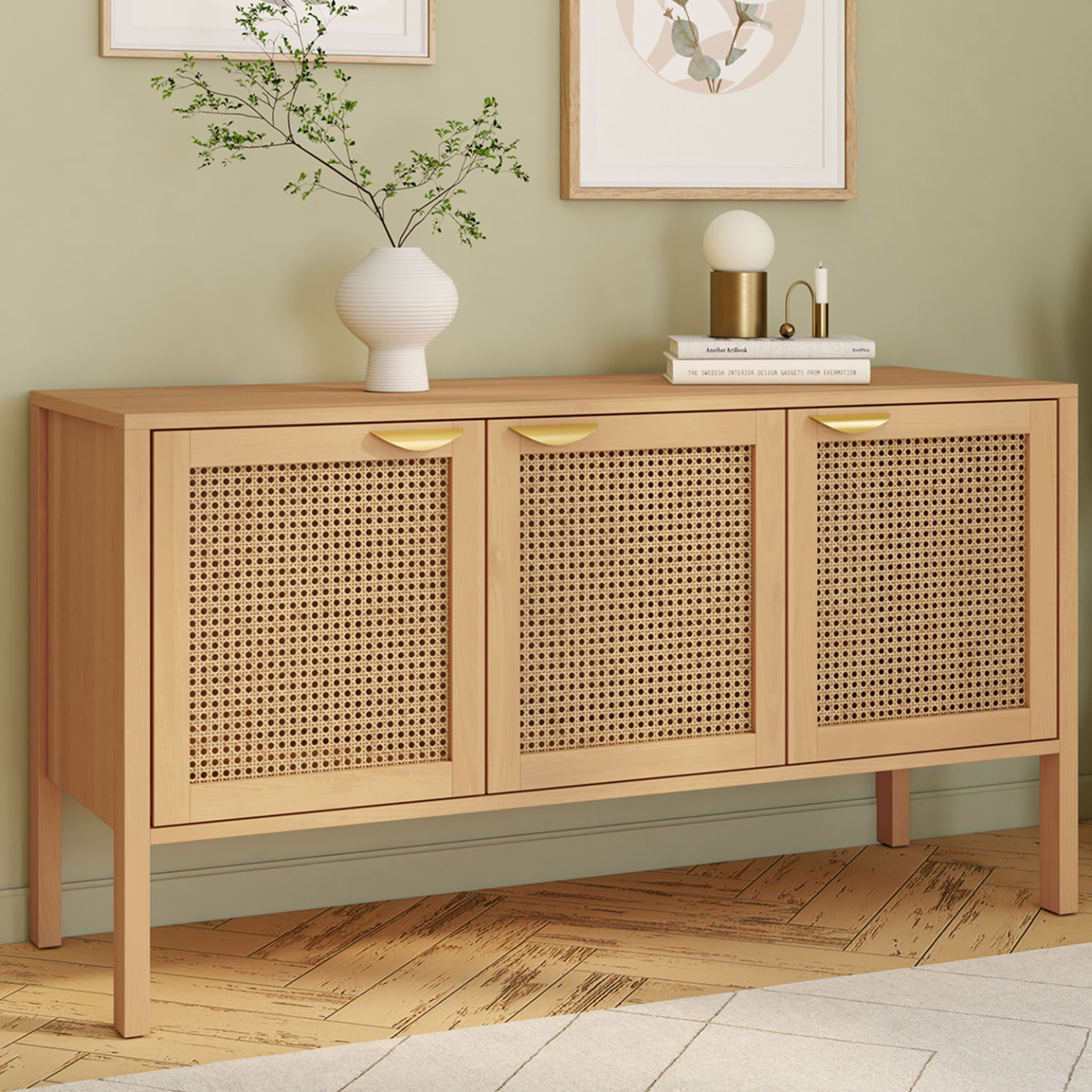 Voir la diapositive 2 : ID MARKET Buffet bas 110 cm edhen 3 portes bois et cannage