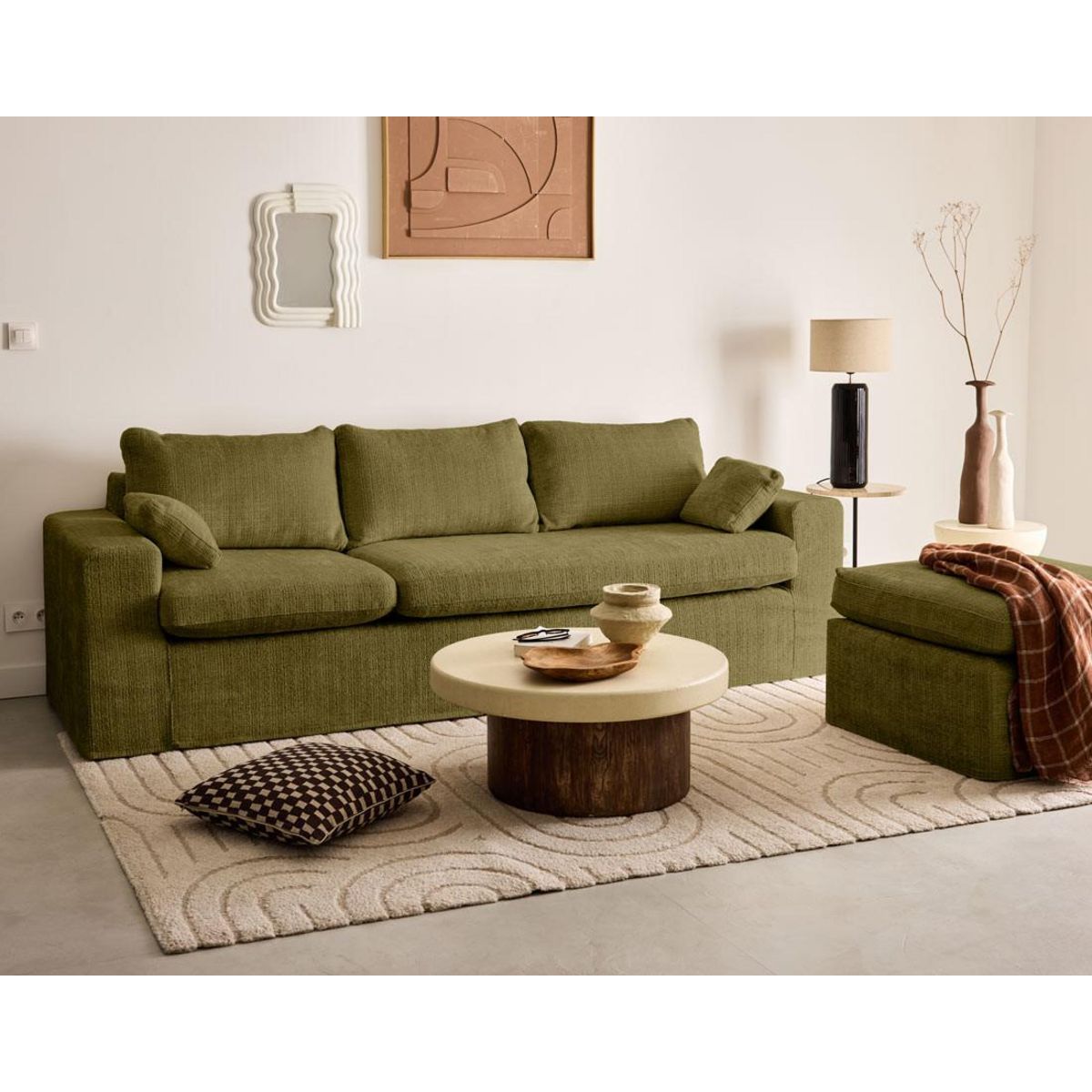 LISA DESIGN Calgary - canapé d'angle déhoussable et modulable 3 places + 1 pouf en velours texturé