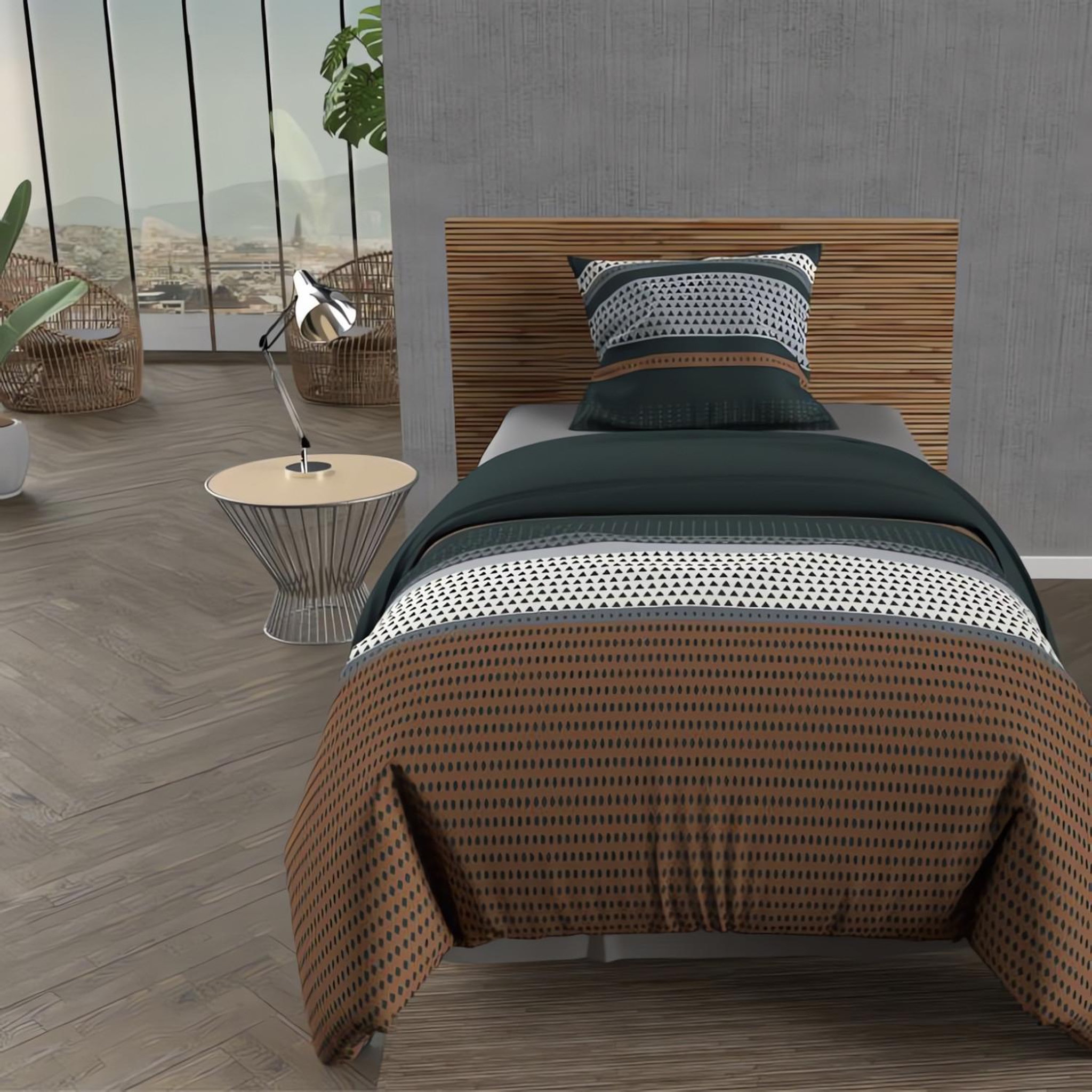Voir la diapositive 2 : SOLEIL D'OCRE Ensemble couette et parure 5 Pièces THALES pour lit en 90x190 cm, par Soleil d'ocre