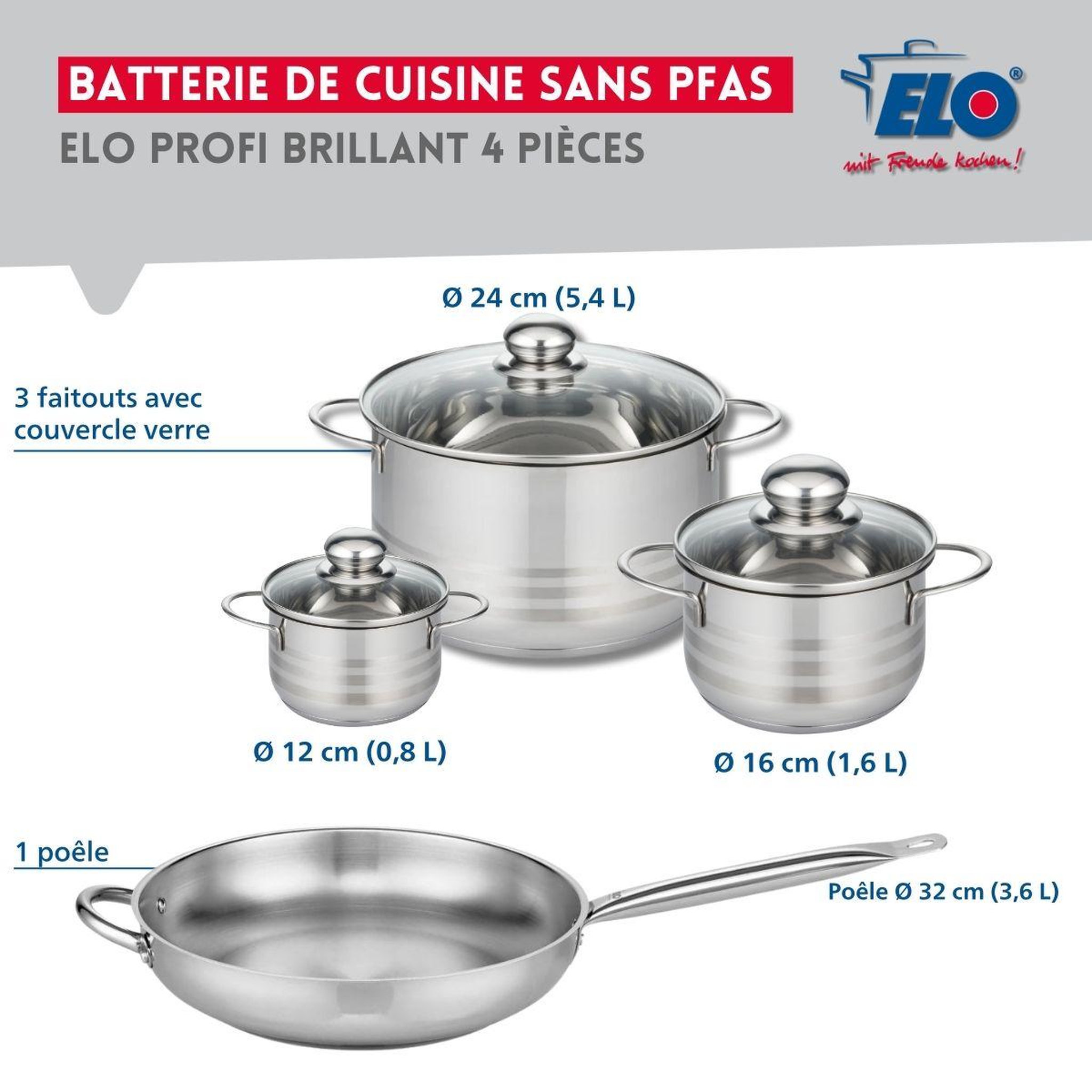 Voir la diapositive 2 : ELO Ensemble de 1 poêle de cuisson 32 cm et 3 faitouts 12, 16 et 24 cm elo profi brillant