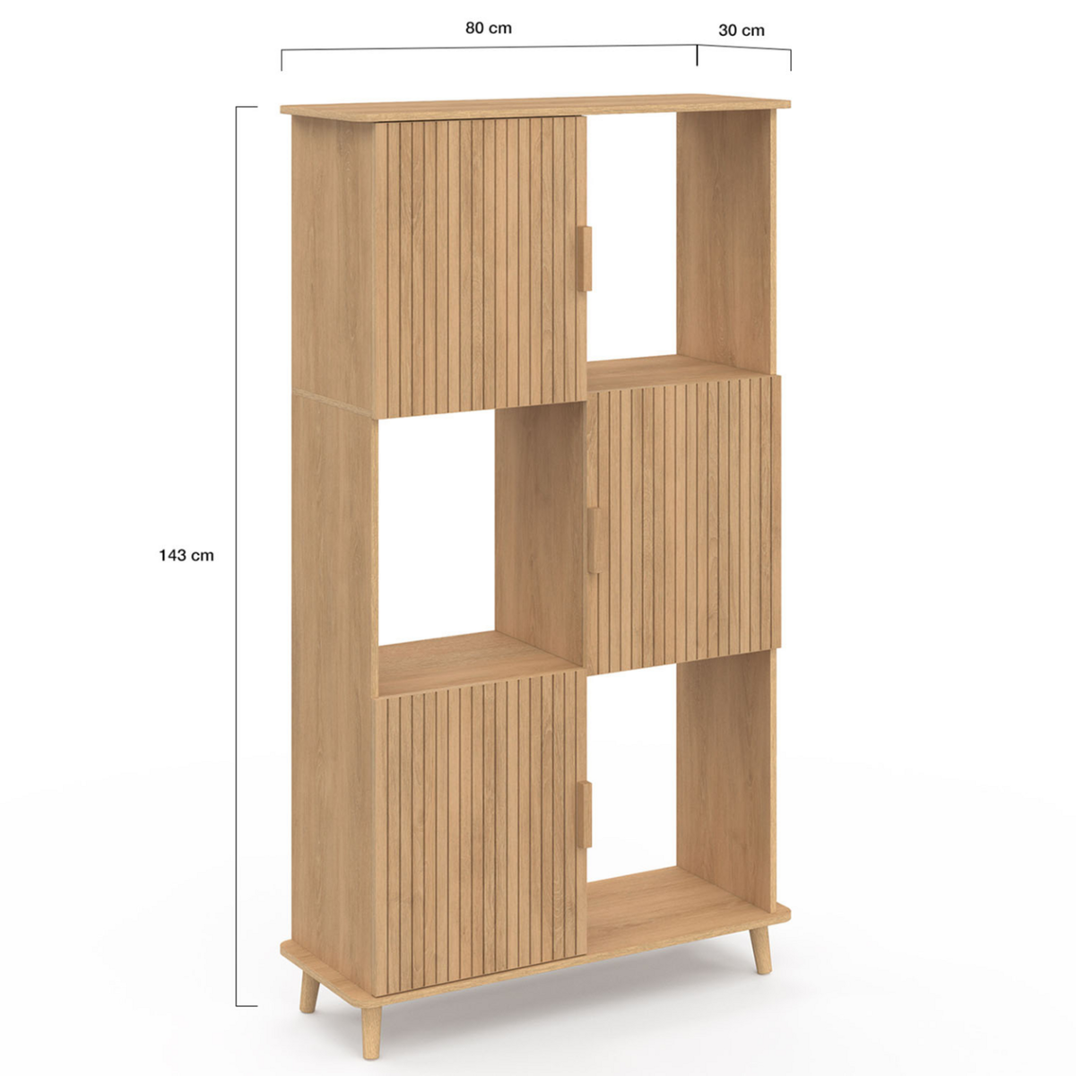 ID MARKET Etagère bibliothèque 6 cases JULIETTE lattes tasseau bois coloris chêne avec placard