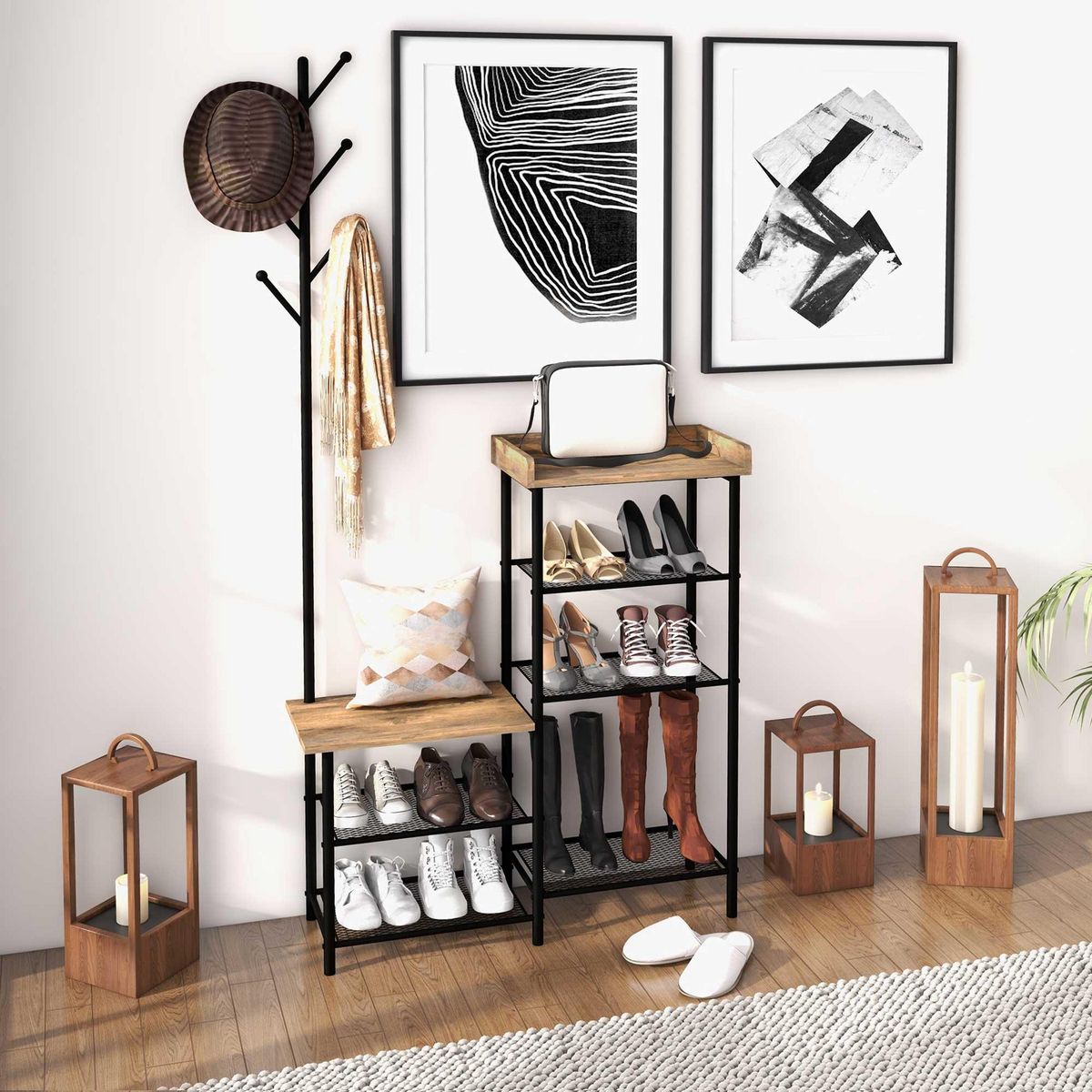 HOMCOM Vestiaire d'entrée banc porte-manteaux avec étagère à chaussures style industriel acier noir aspect bois