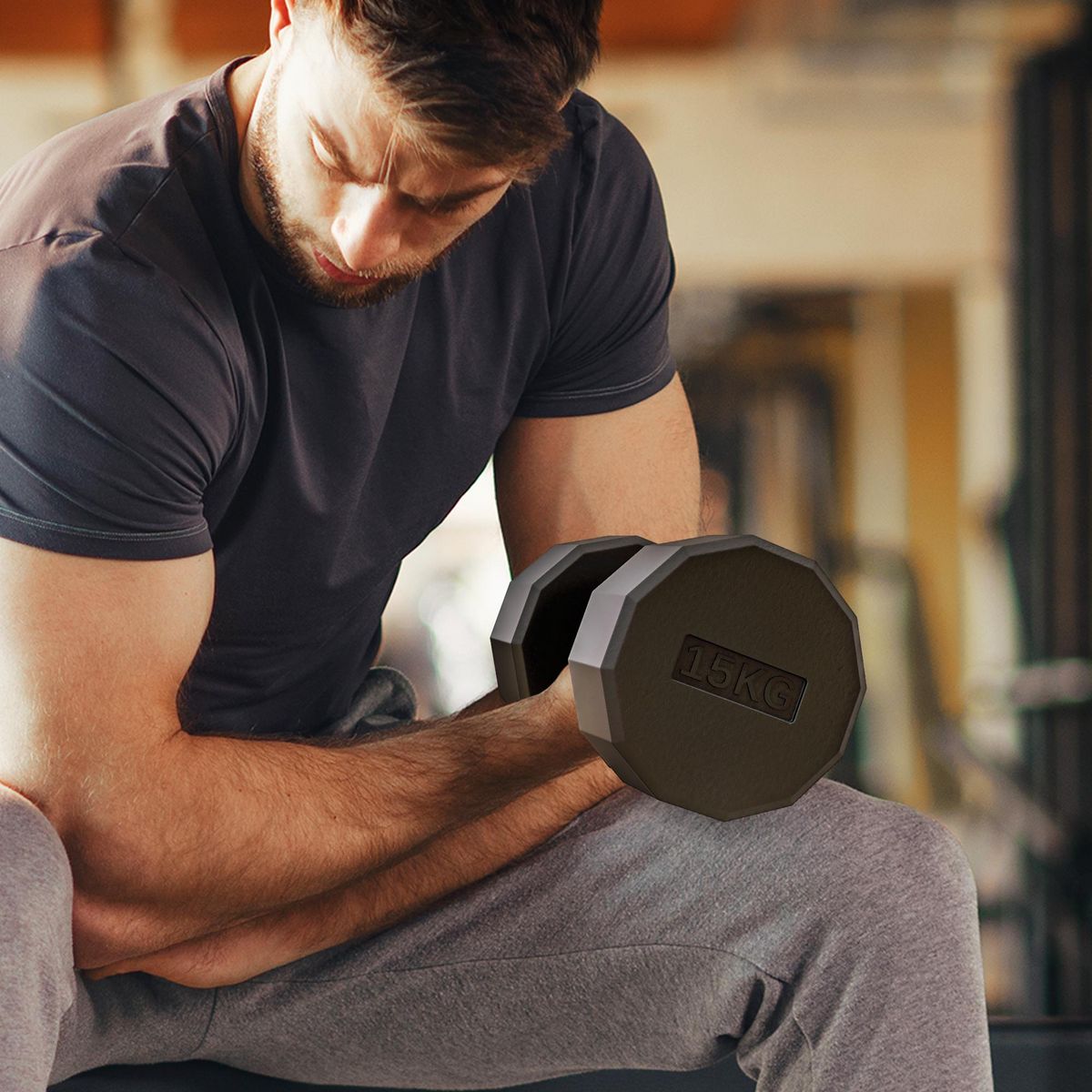 HOMCOM Haltère courte dodécagonale 15 Kg - poignée antidérapante - métal caoutchouc noir