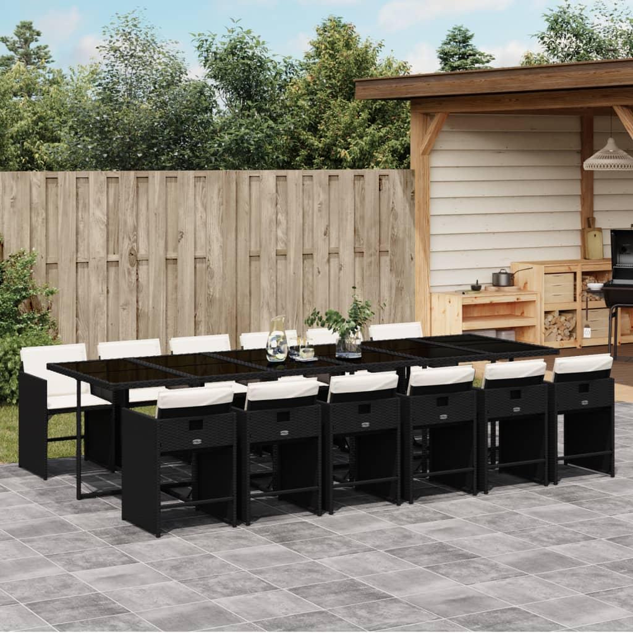 VIDAXL Ensemble a manger de jardin 13 pcs coussins noir resine tressee