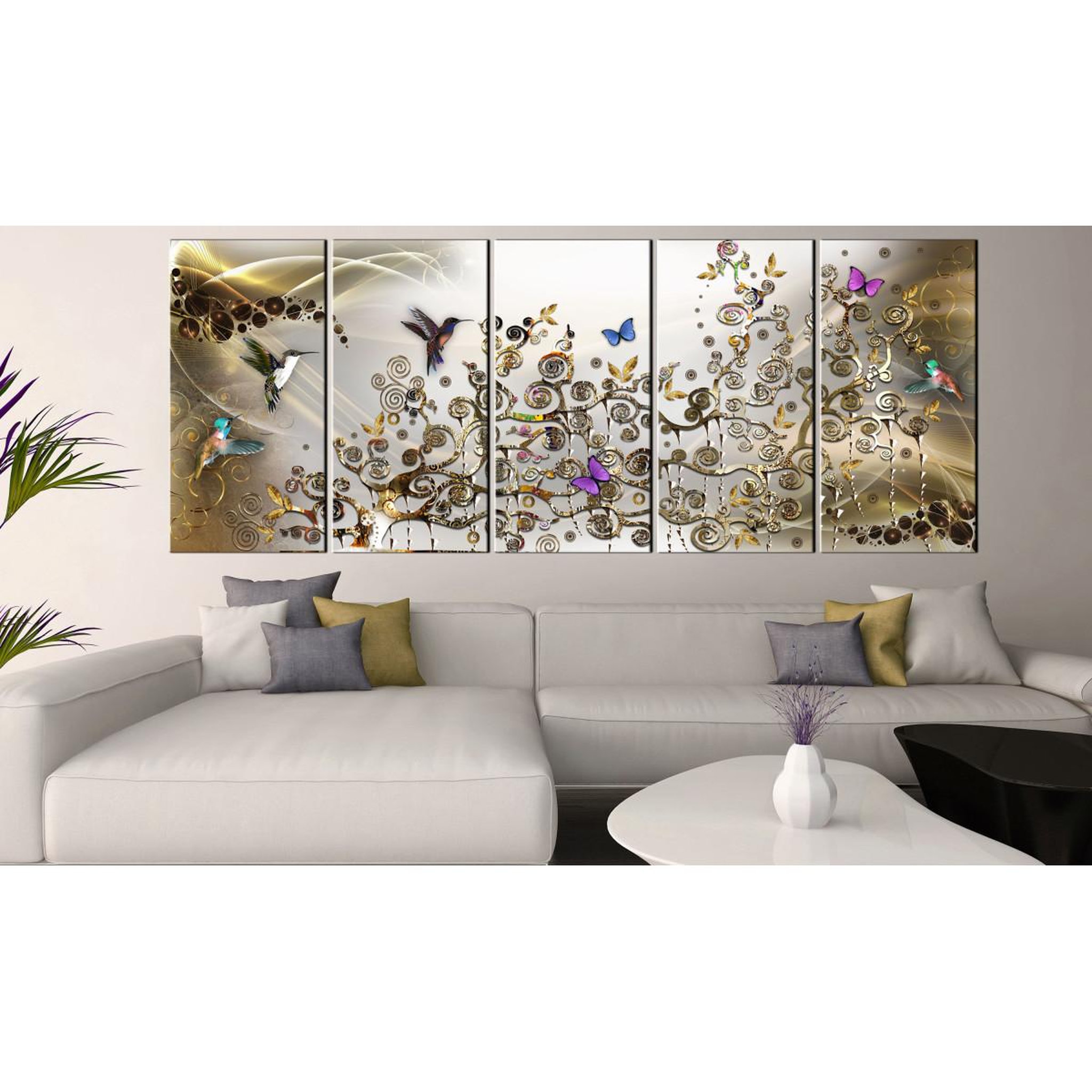 Voir la diapositive 2 : Paris Prix Tableau 5 panneaux  hummingbirds dance gold narrow