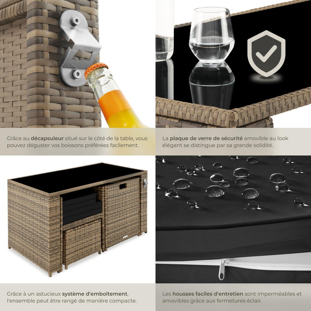 tectake Salon de jardin en résine tressée pour 2 à 4 personnes marron naturel