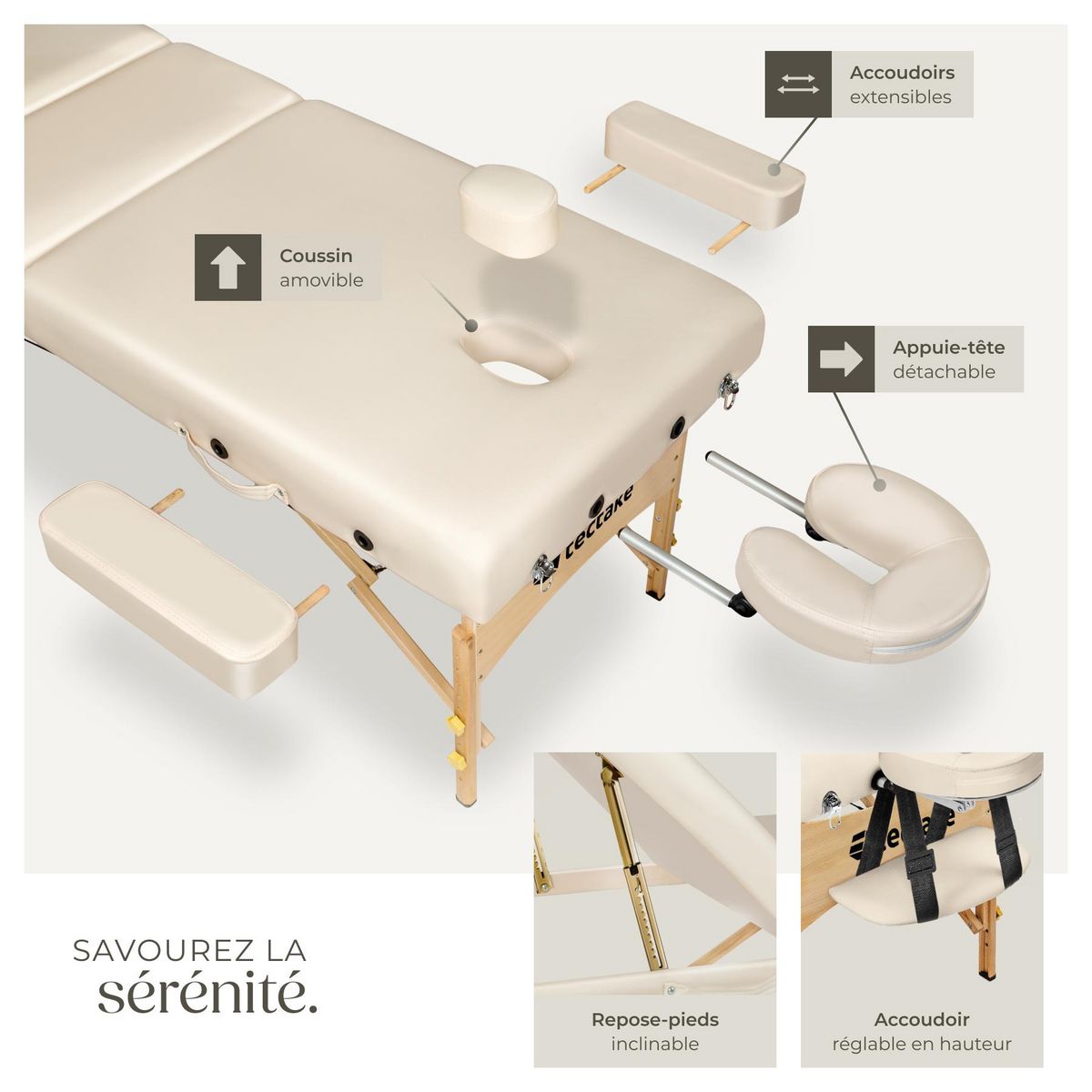 tectake Table de massage portable et pliante à 3 zones largeur 70 cm et rembourrage 10 cm beige