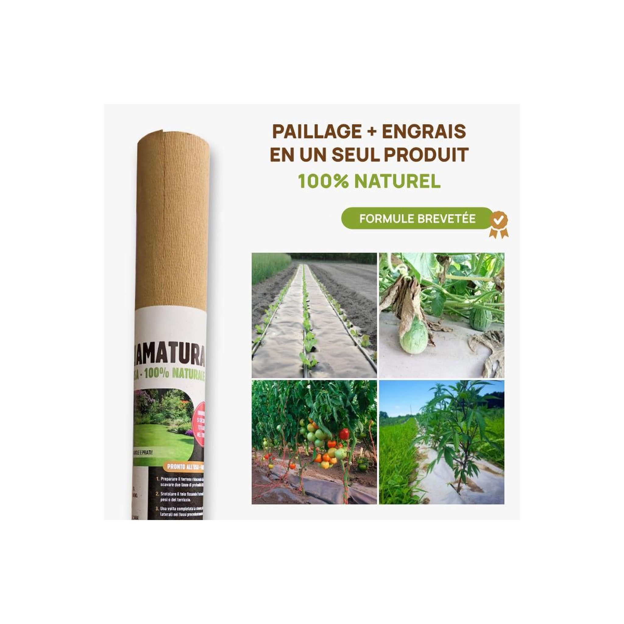 Voir la diapositive 3 : KZ GARDEN Toile de paillage agricole 1.20 x 100m autodégradable 2en1 engrais et anti mauvaises herbes 100% cellulose