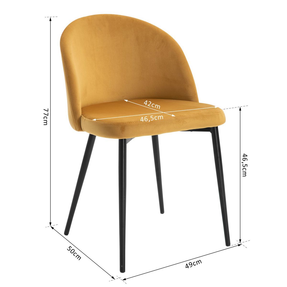 HOMCOM Chaises de visiteur design scandinave - lot de 2 chaises - pieds effilés métal noir - assise dossier ergonomique velours moutarde