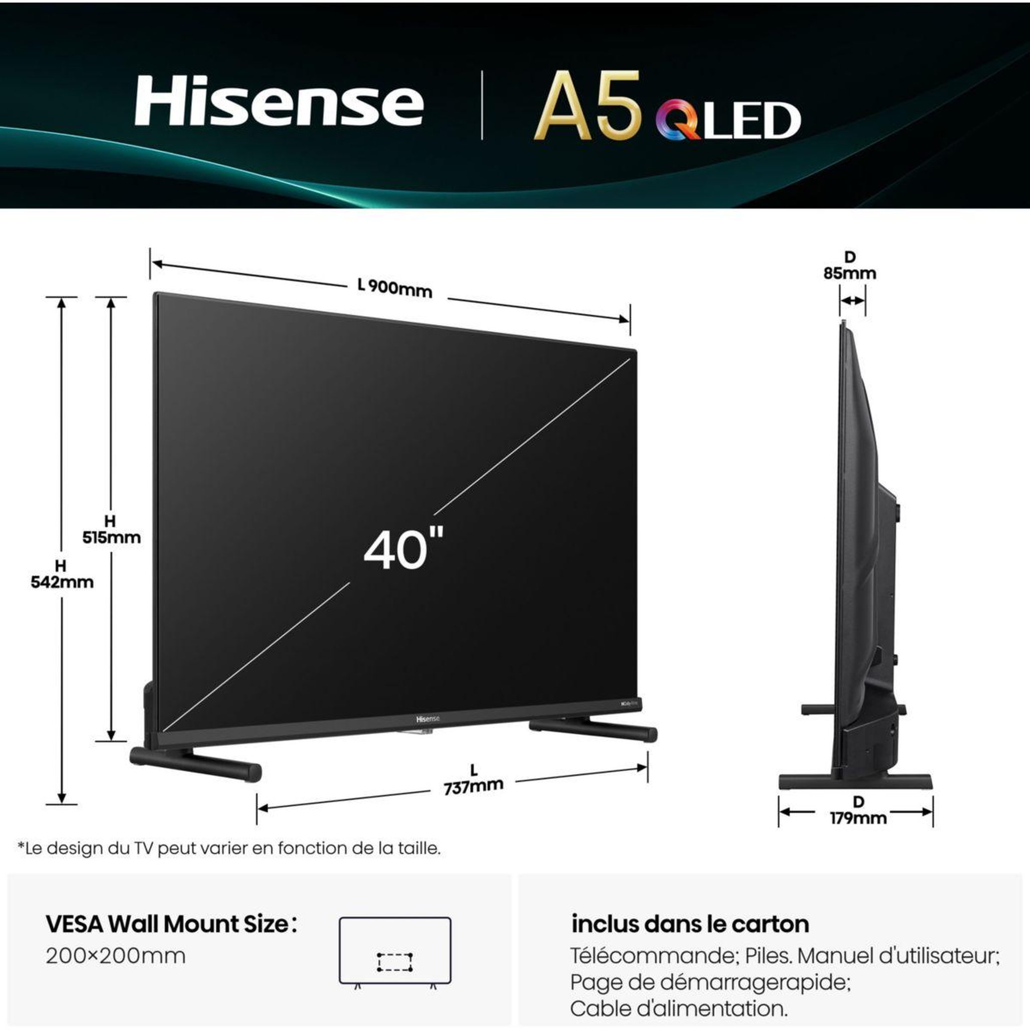 Voir la diapositive 5 : Hisense TV LED 40A5Q 2025 (100cm)