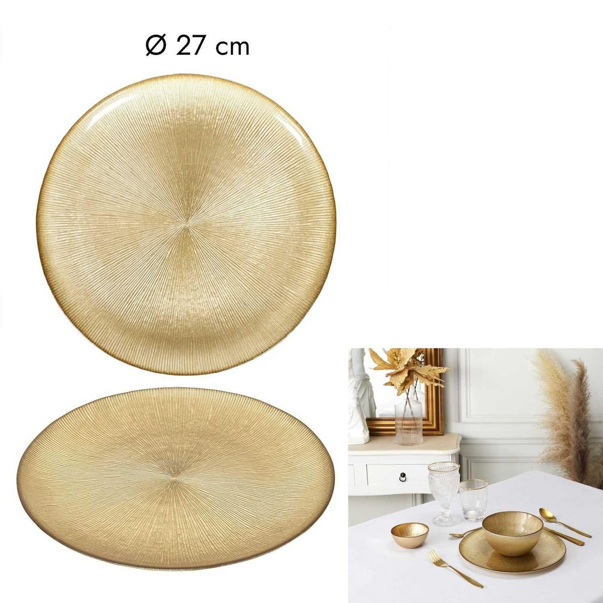 The Home Deco Factory Lot de 12 assiettes plates en verre MIRAGE - Diam 27 cm - Or