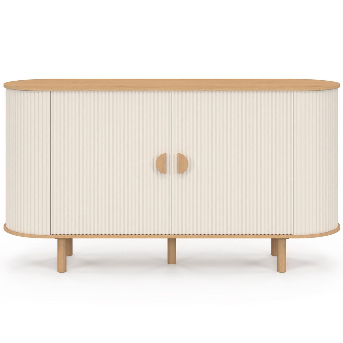 ID MARKET Buffet 140 cm KANEL 2 portes effet cannelé beige et bois