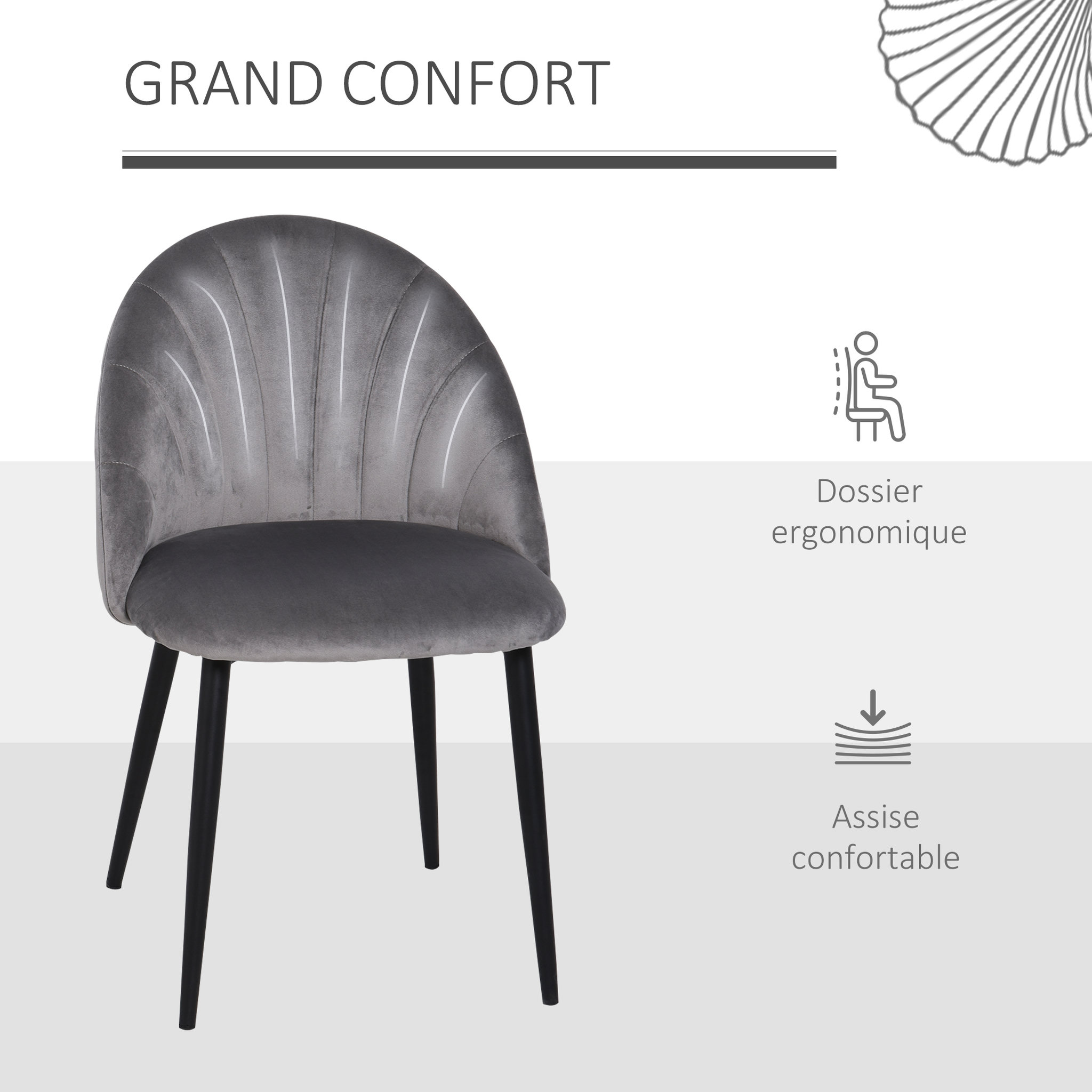 Voir la diapositive 6 : HOMCOM Lot de 2 chaises velours gris pieds métal noir dim. 52L x 54l x 79H cm