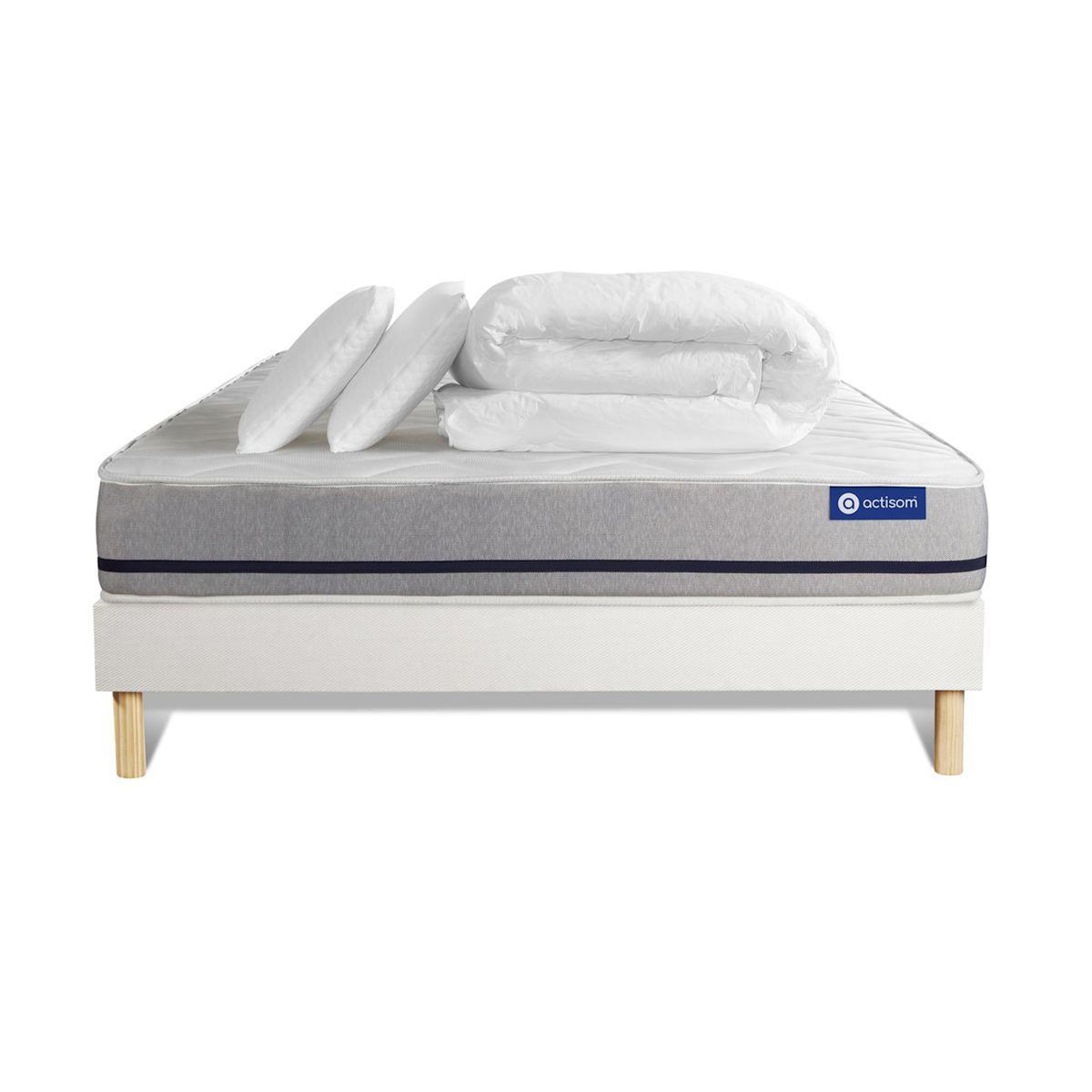 ACTISOM Pack prêt à dormir matelas 140x200 ACTILATEX SOFT 3zones de confort + sommier KIT blanc + 2 oreillers + couette