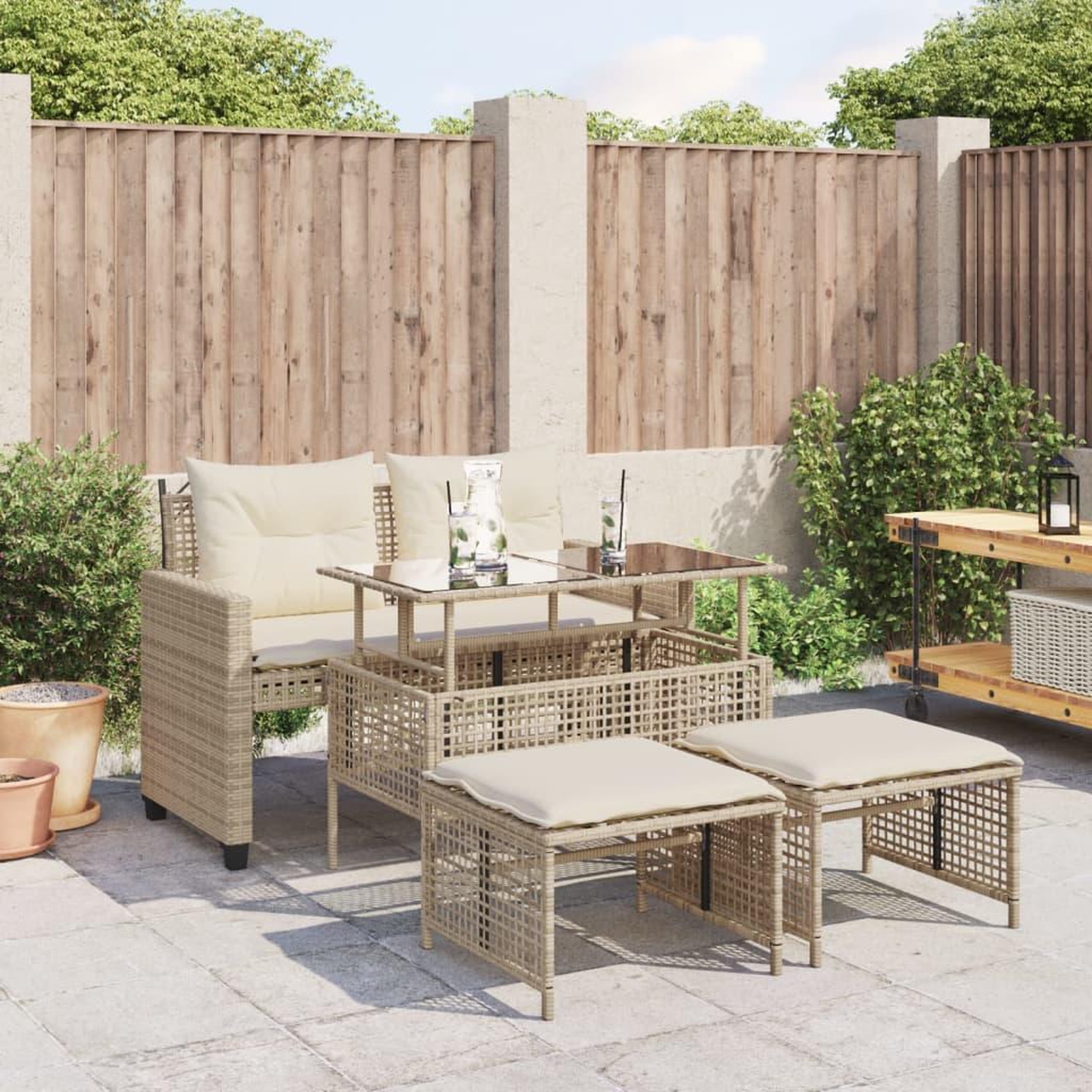 VIDAXL Salon de jardin avec coussins 4 pcs beige resine tressee verre