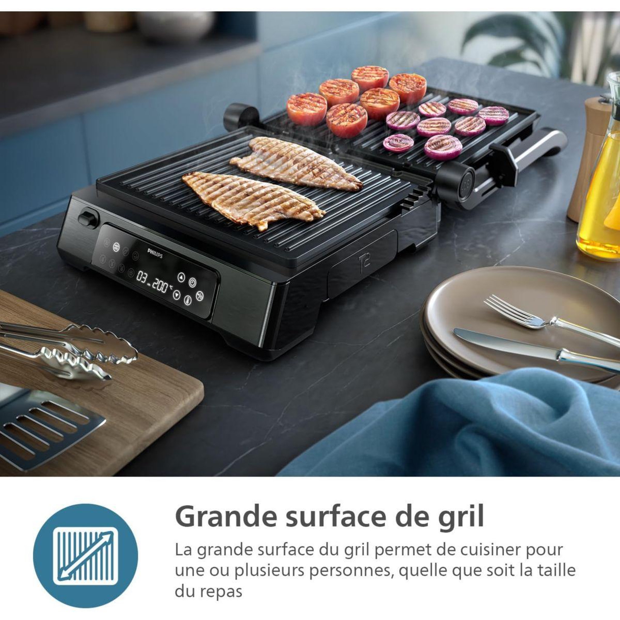 Voir la diapositive 4 : Philips Grille-viande 7000 Series HD6307/70 noir sonde de cuisson, plaques amovibles, à poser, 29x26 cm