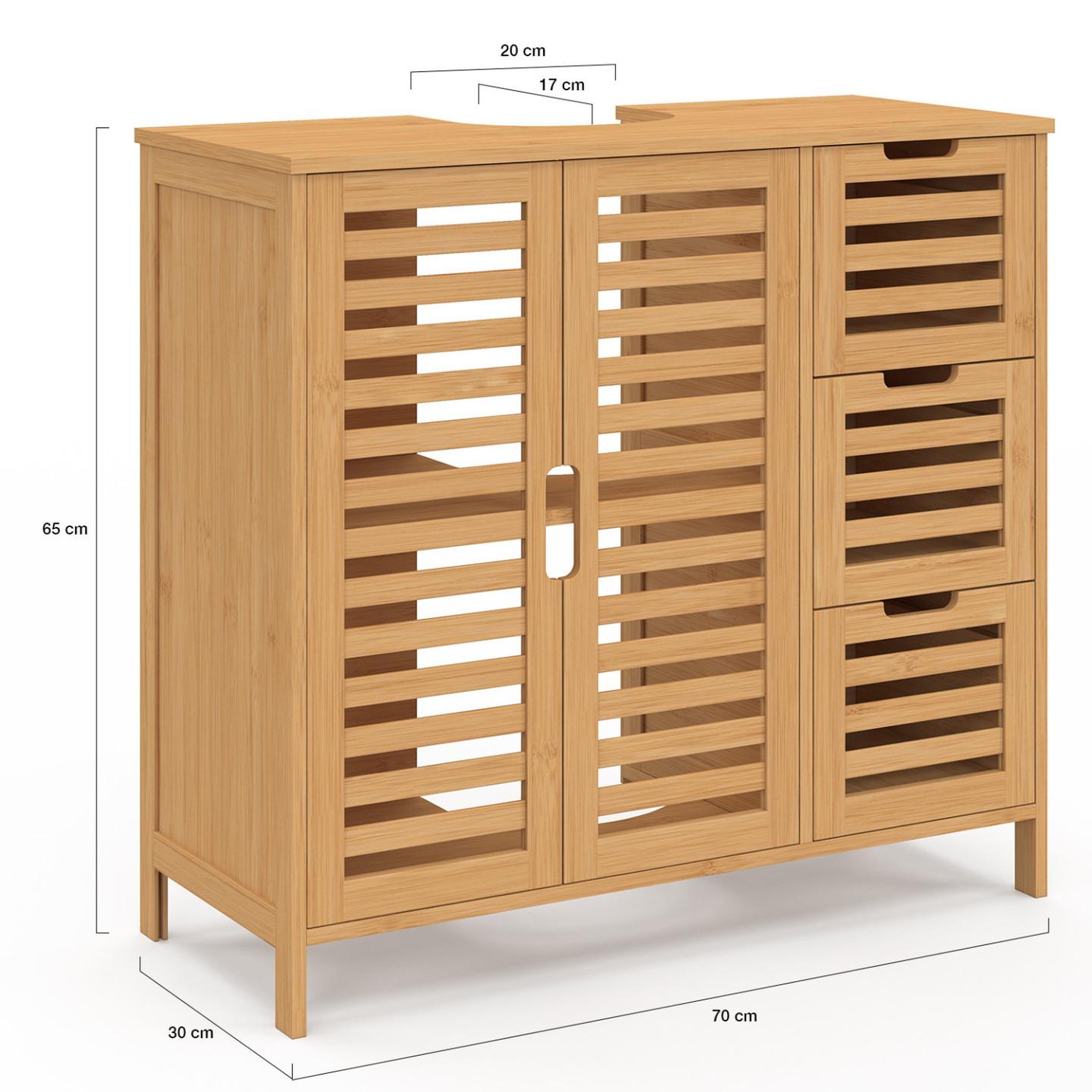 Voir la diapositive 5 : ID MARKET Meuble sous lavabo salle de bain bambou bea avec placard et 3 tiroirs