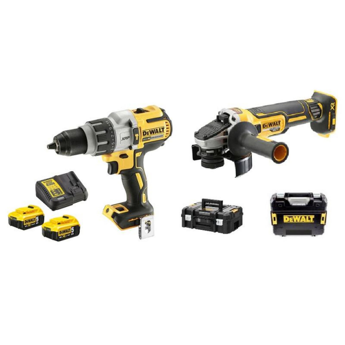 Dewalt Pack 2 outils 18V (DCD996 DCG405) + 2 batteries 5Ah + chargeur + coffret TSTAK DEWALT DCK2090P2T