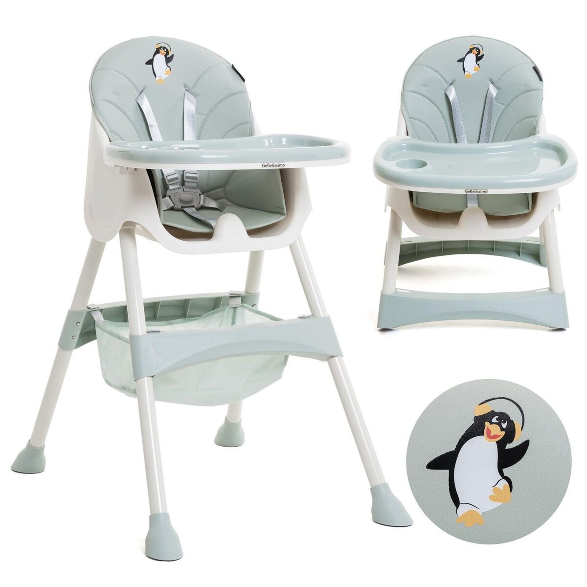 BEBELISSIMO BEBELISSIMO - Chaise Haute Bébé Evolutive -dès 6 mois jusqu'à 20kg -Disco Pinguin - hauteur réglable - vert