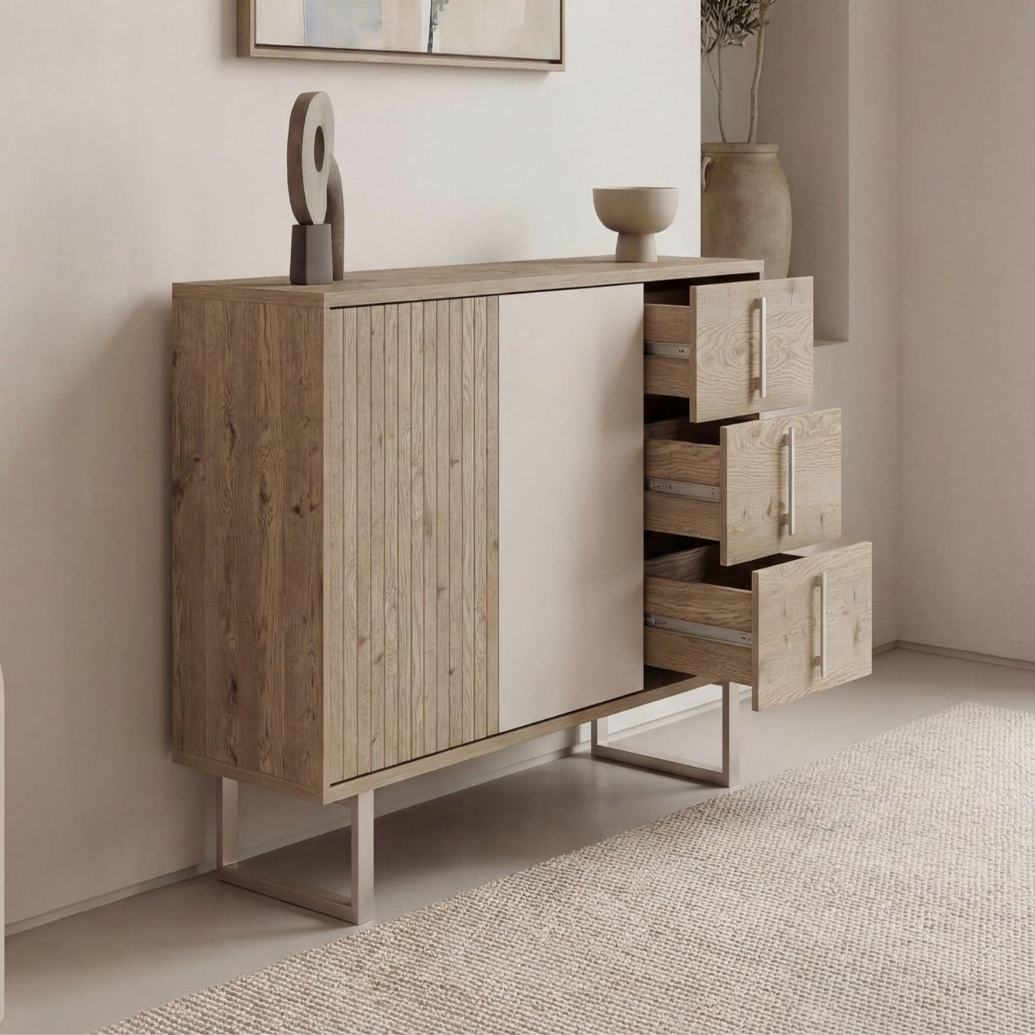 Voir la diapositive 4 : CASANOVA PARIS Minela - buffet 2 portes 140cm en mélamine - chêne clair