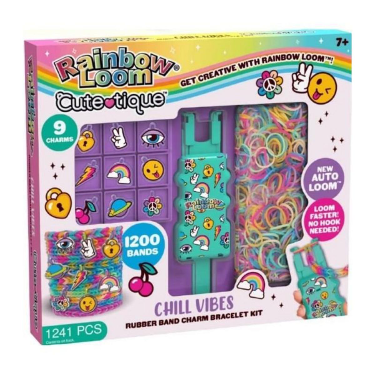 Rainbow Loom Coffret fabrication automatique de bracelets élastiques - BANDAI - Rainbow Loom Cute Tique - Contient 1200 Élastiques et acces