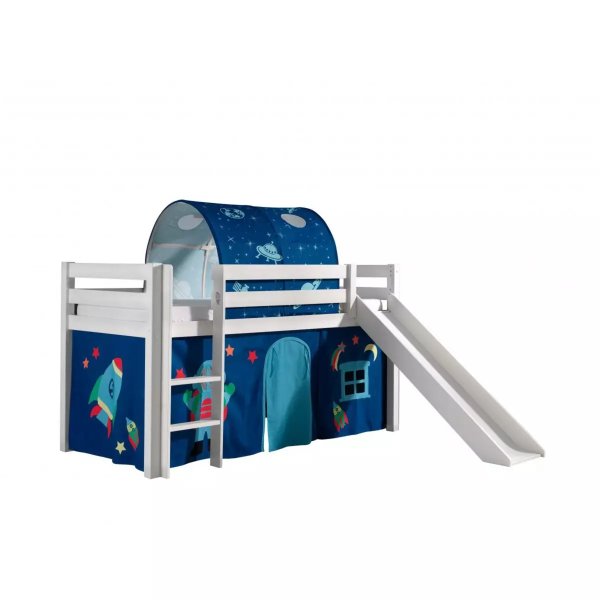 Vipack PINO Lit mezzanine avec toboggan + Space rideau et tunnel de lit + 3 pochettes