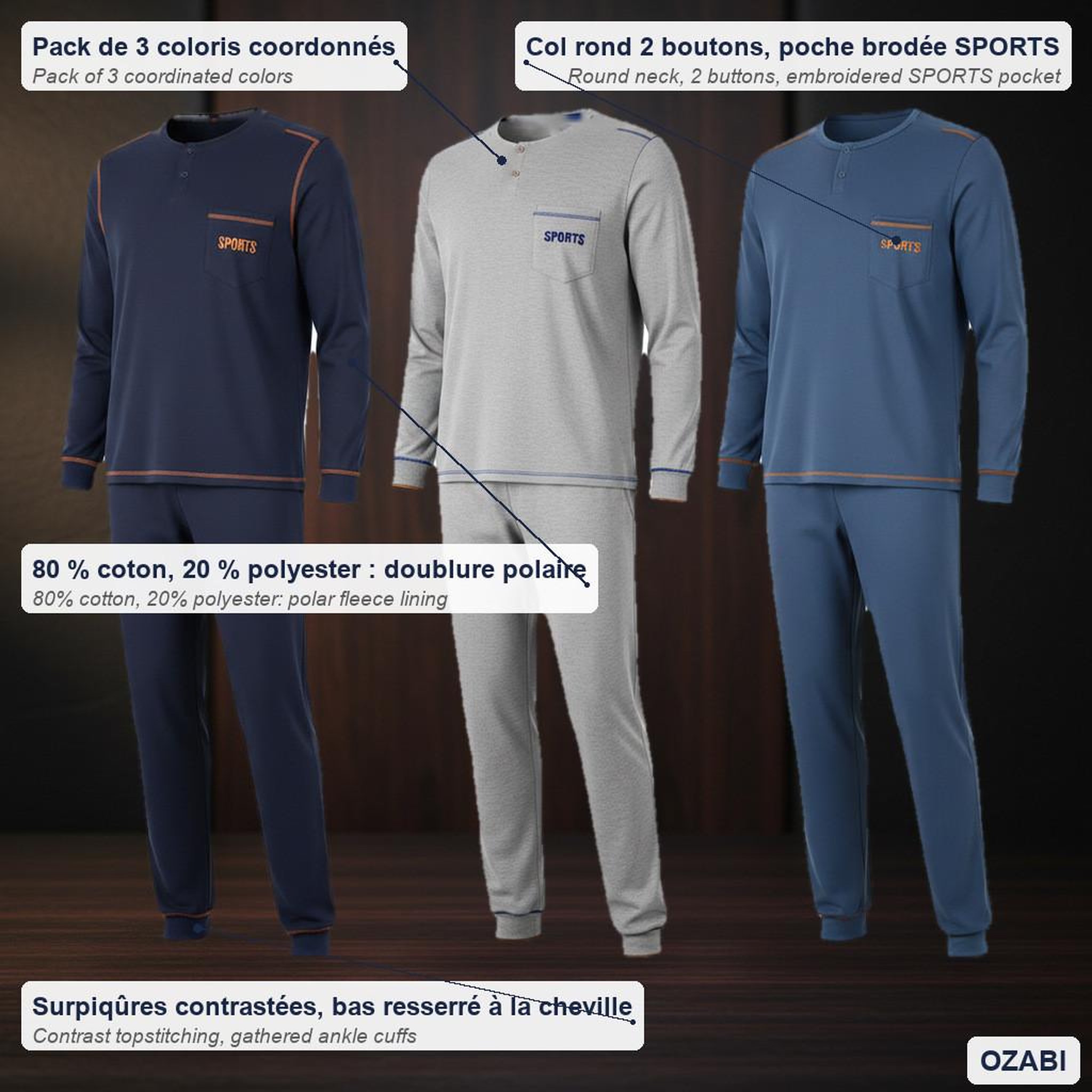 Voir la diapositive 5 : OZABI OZABI Pyjama Homme Long Pack de 3, Coton Doublé Polaire, Col Boutonné