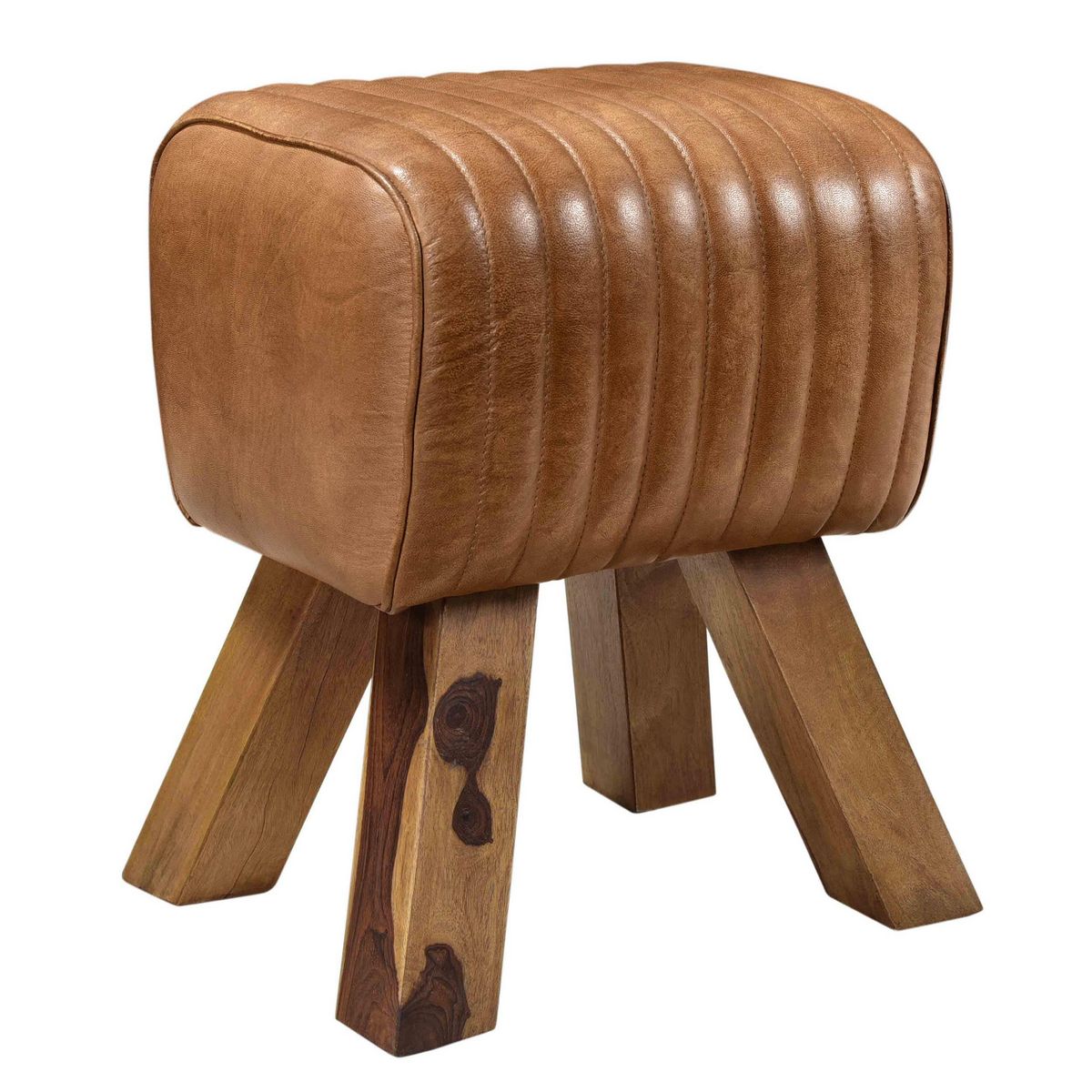 Rendez vous déco Tabouret en cuir marron et bois de manguier - Morena