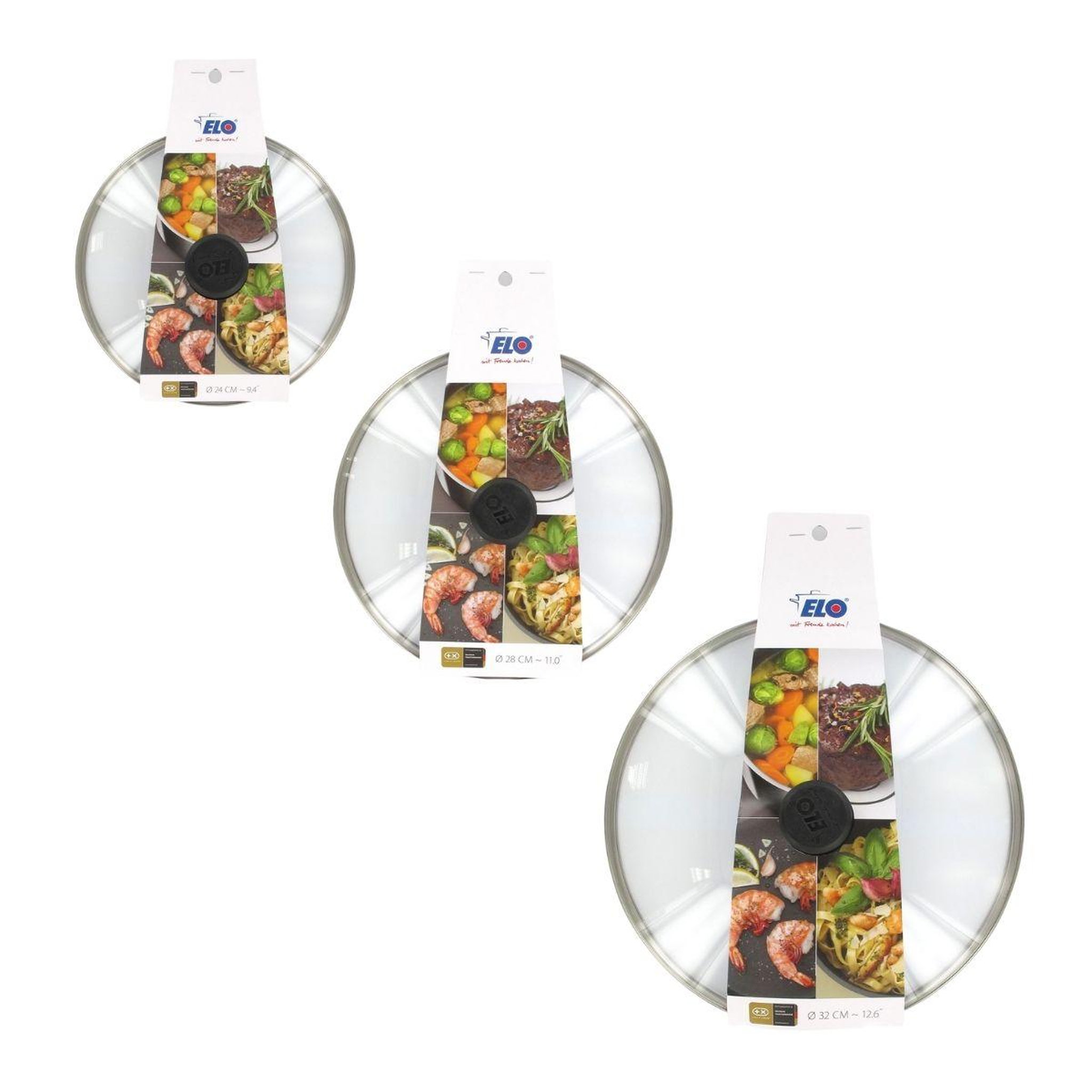 Voir la diapositive 5 : ELO Set de 3 couvercles de cuisson en verre 24 cm 28 cm et 32 cm Elo