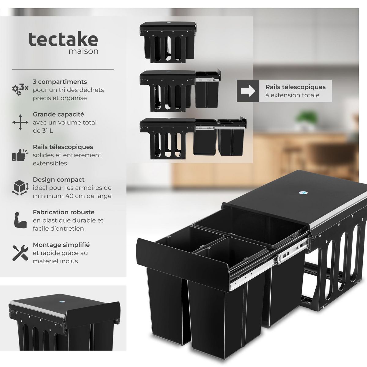tectake Poubelle de tri 3 compartiments 2x8 L et 1x15 L noir