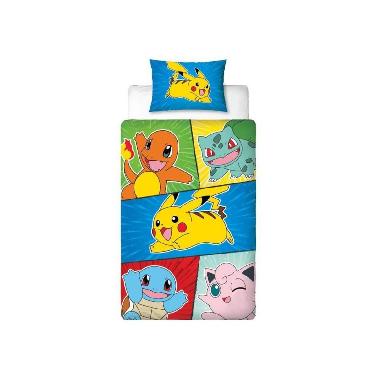 Pokemon Parure de lit - POKEMON - Pikachu et Starter 1G V - Microfibre - 1 housse de couette 140 x 200 cm + 1 taie 63 x 63 cm