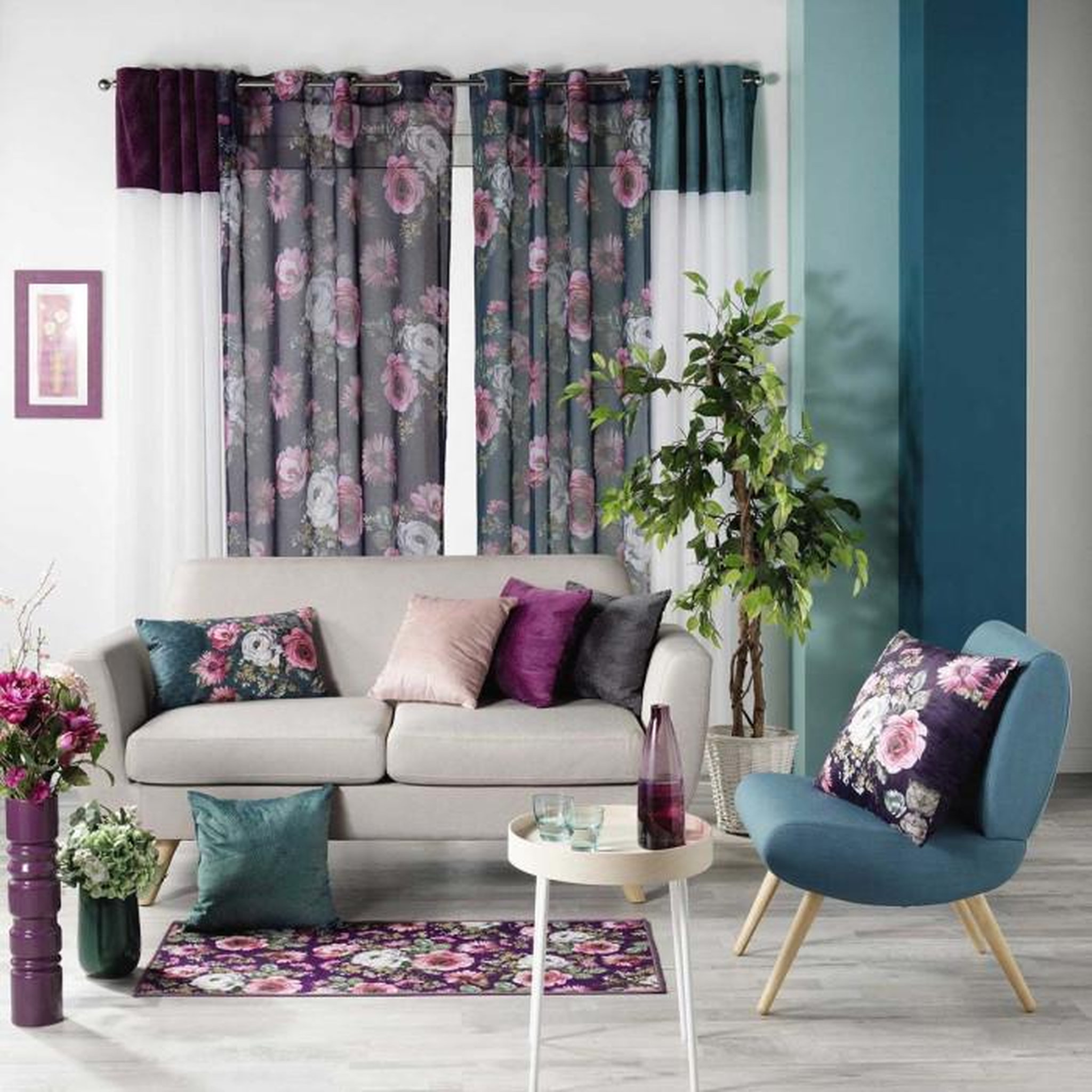 Voir la diapositive 2 : Paris Prix Tapis Déco  Flower Life  57x115cm Prune & Rose