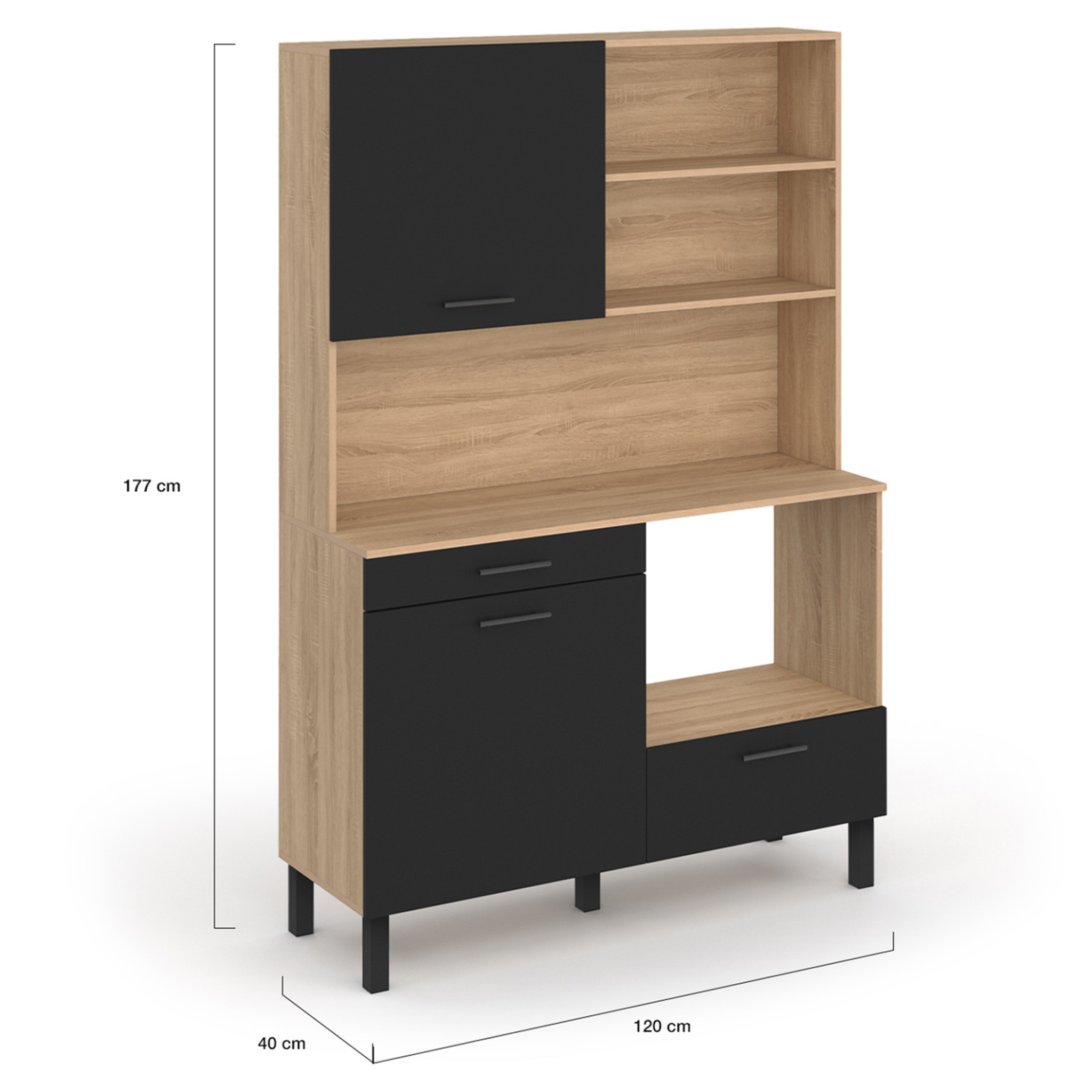 Voir la diapositive 5 : ID MARKET Buffet de cuisine 120 cm cina 3 portes + 1 tiroir façon hêtre et noir