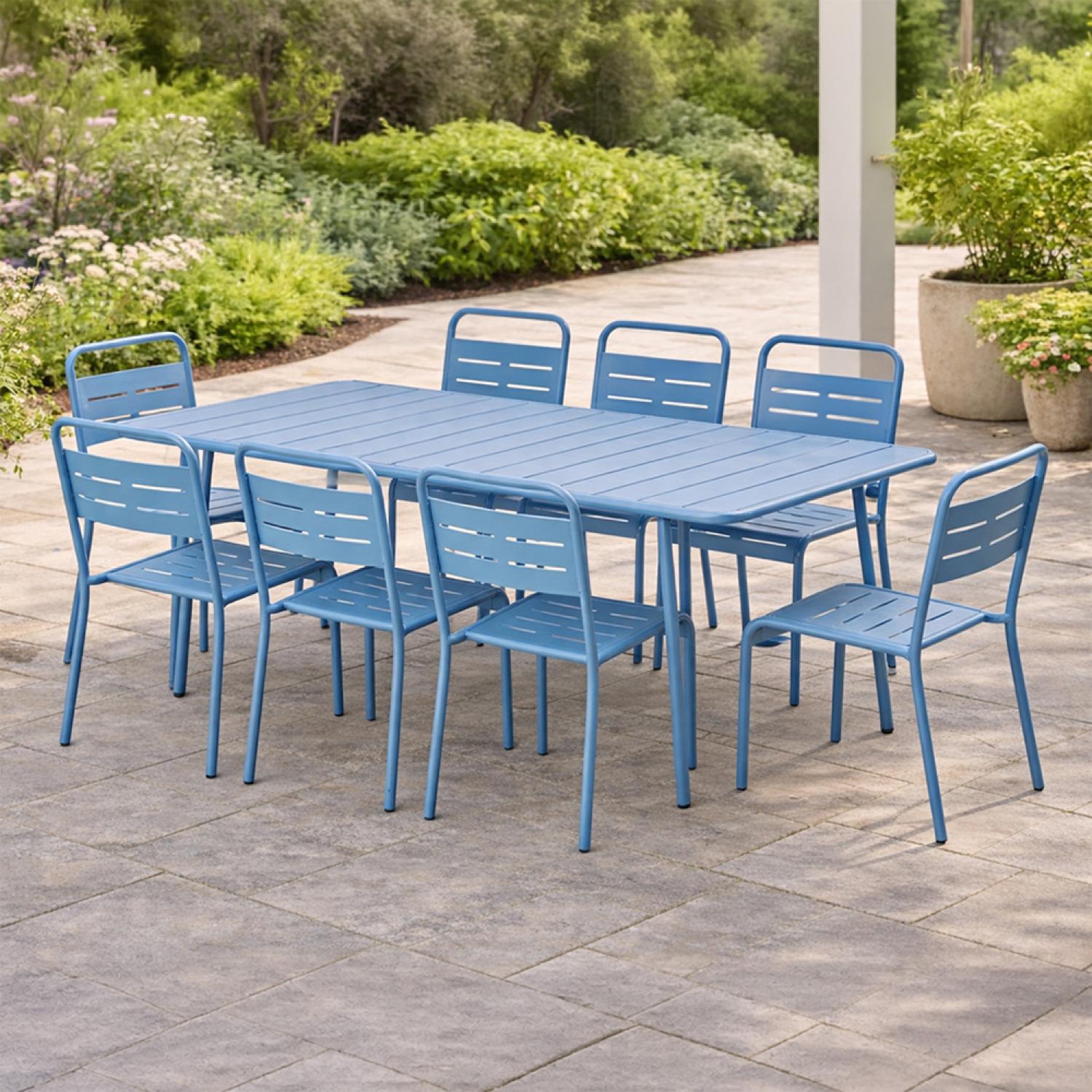 Voir la diapositive 5 : CONCEPT USINE Ensemble table de jardin 160 cm et 6 chaises bleu bergame