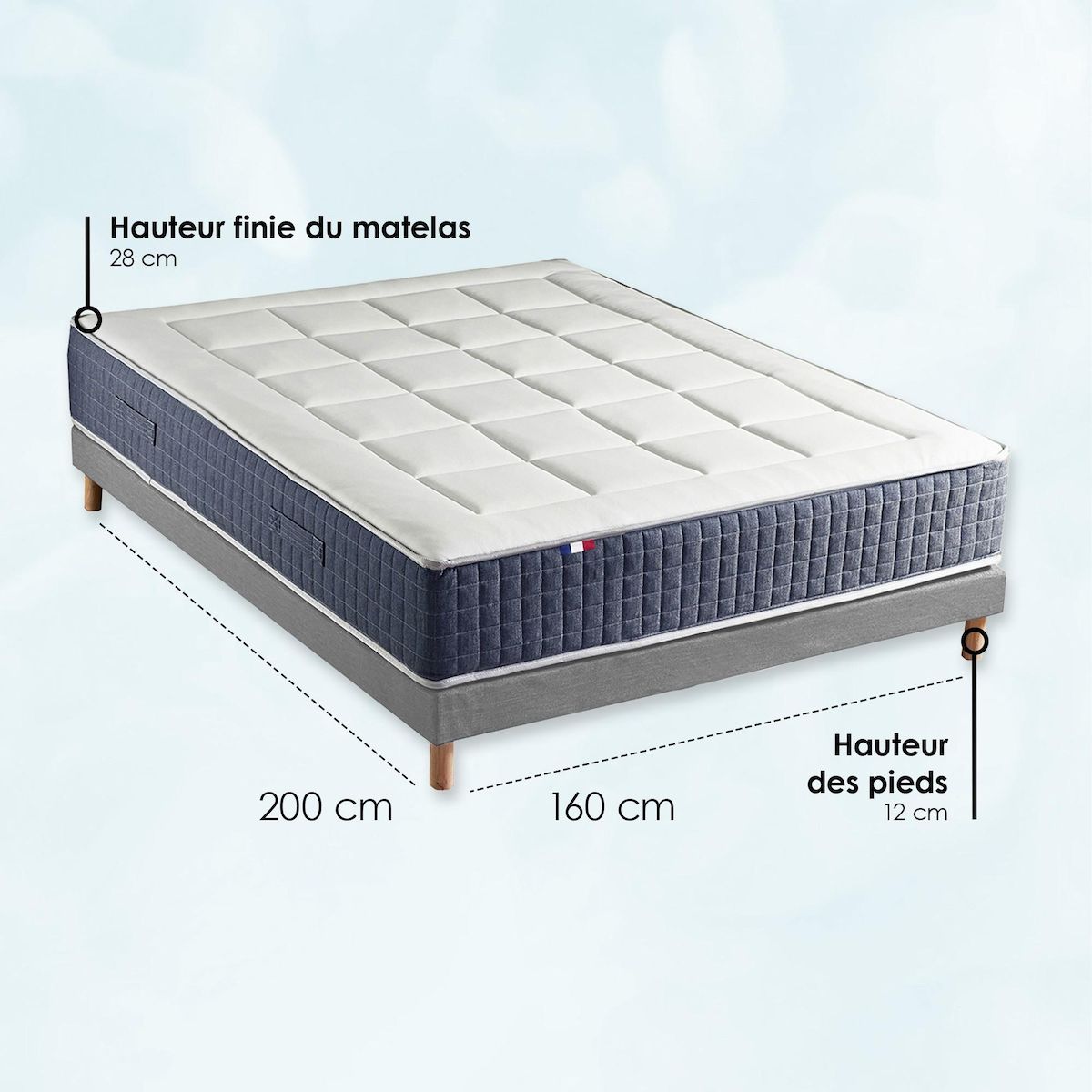IDLITERIE Ensemble Matelas Ressort 7 zones + Mémoire de forme + Sommier KING STYLE + couette + oreillers - Fabriqué en France