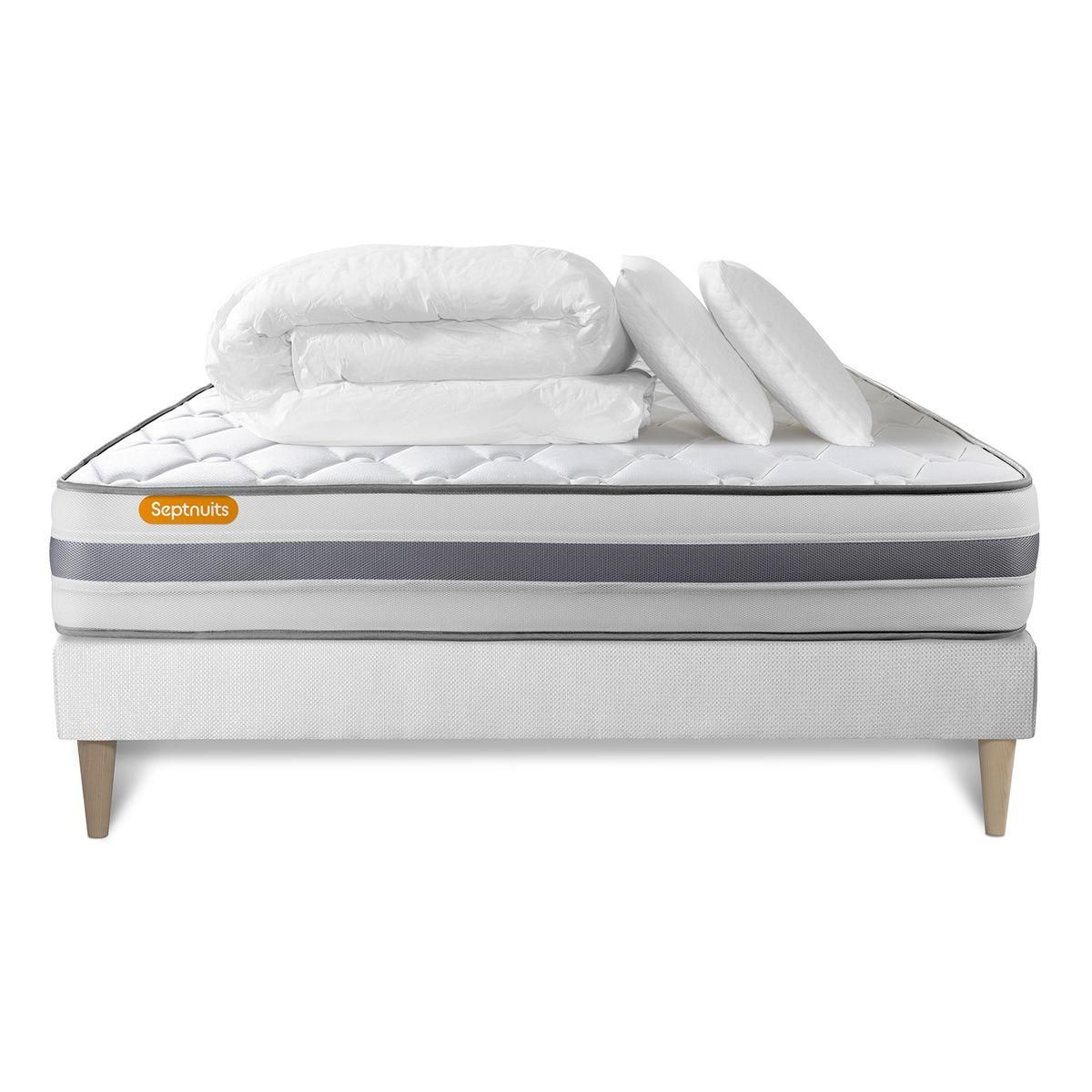 SEPTNUITS Pack matelas + sommier kit blanc Memo Spring Ressorts ensachés MAXI épaisseur + Couette + 2 oreillers