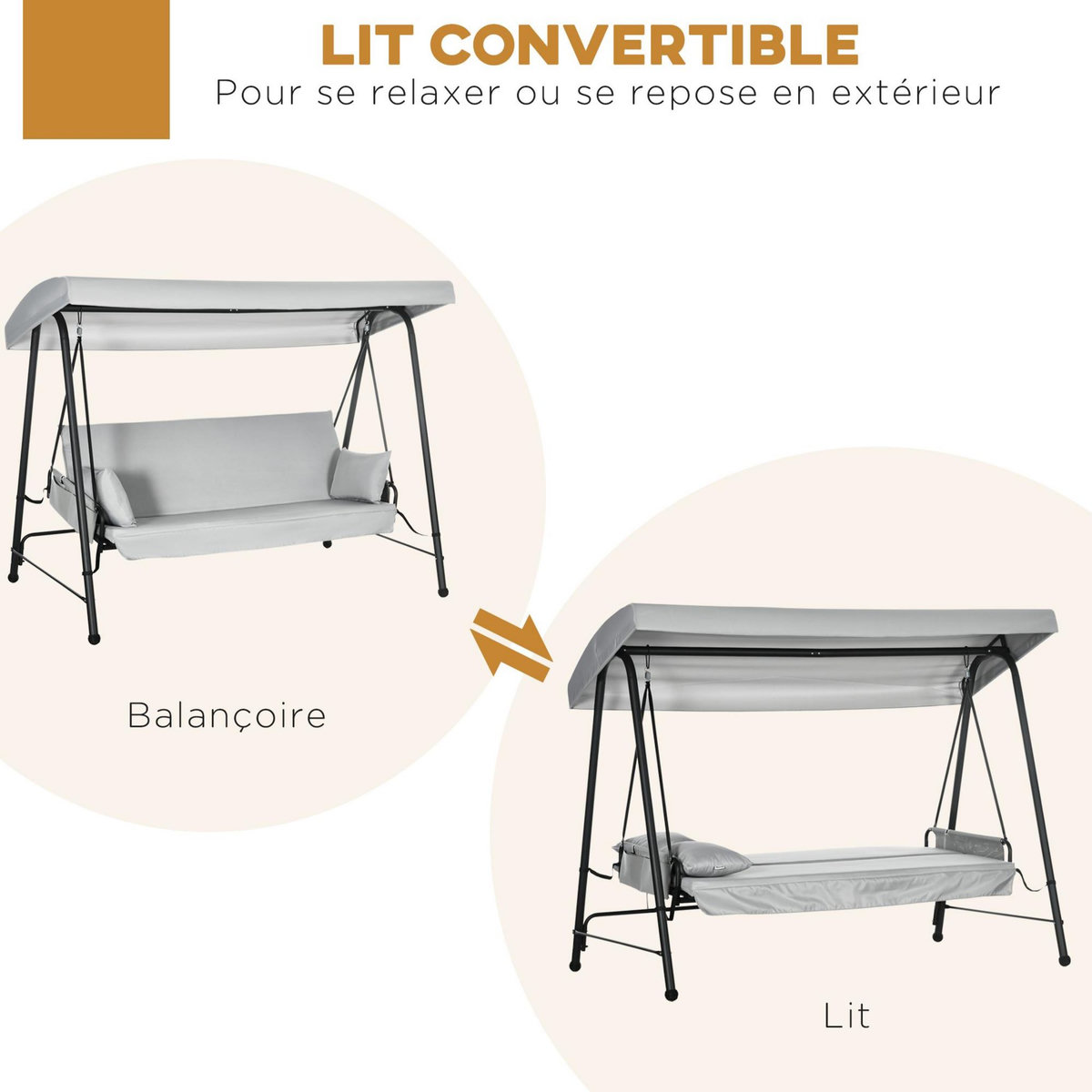 OUTSUNNY Balancelle de jardin 3 places convertible auvent réglable épais coussins amovibles polyester acier époxy gris clair